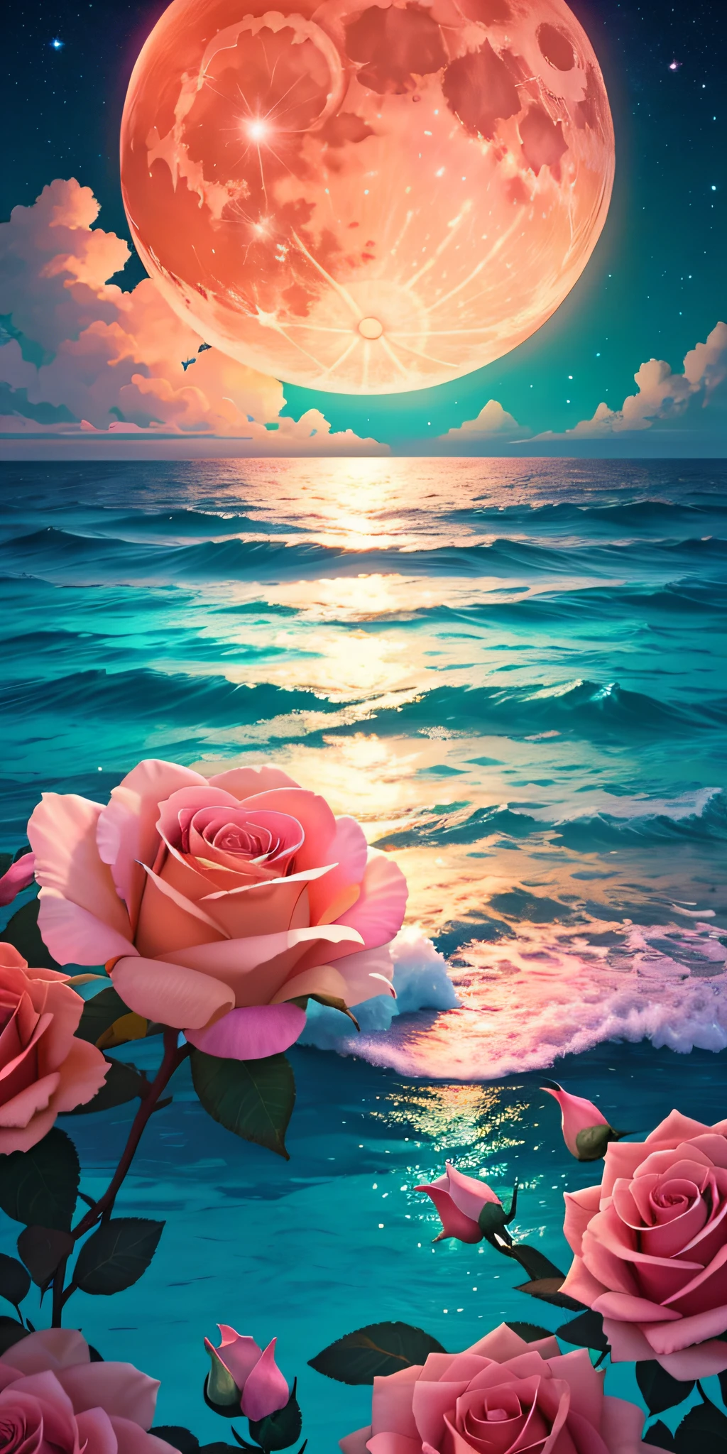 Orange moon, teal sky, soft pink clouds, teal ocean waves sparkling, sparkling, pink roses on pink ocean, fantasy, diamond, crown, universe, soft lights,