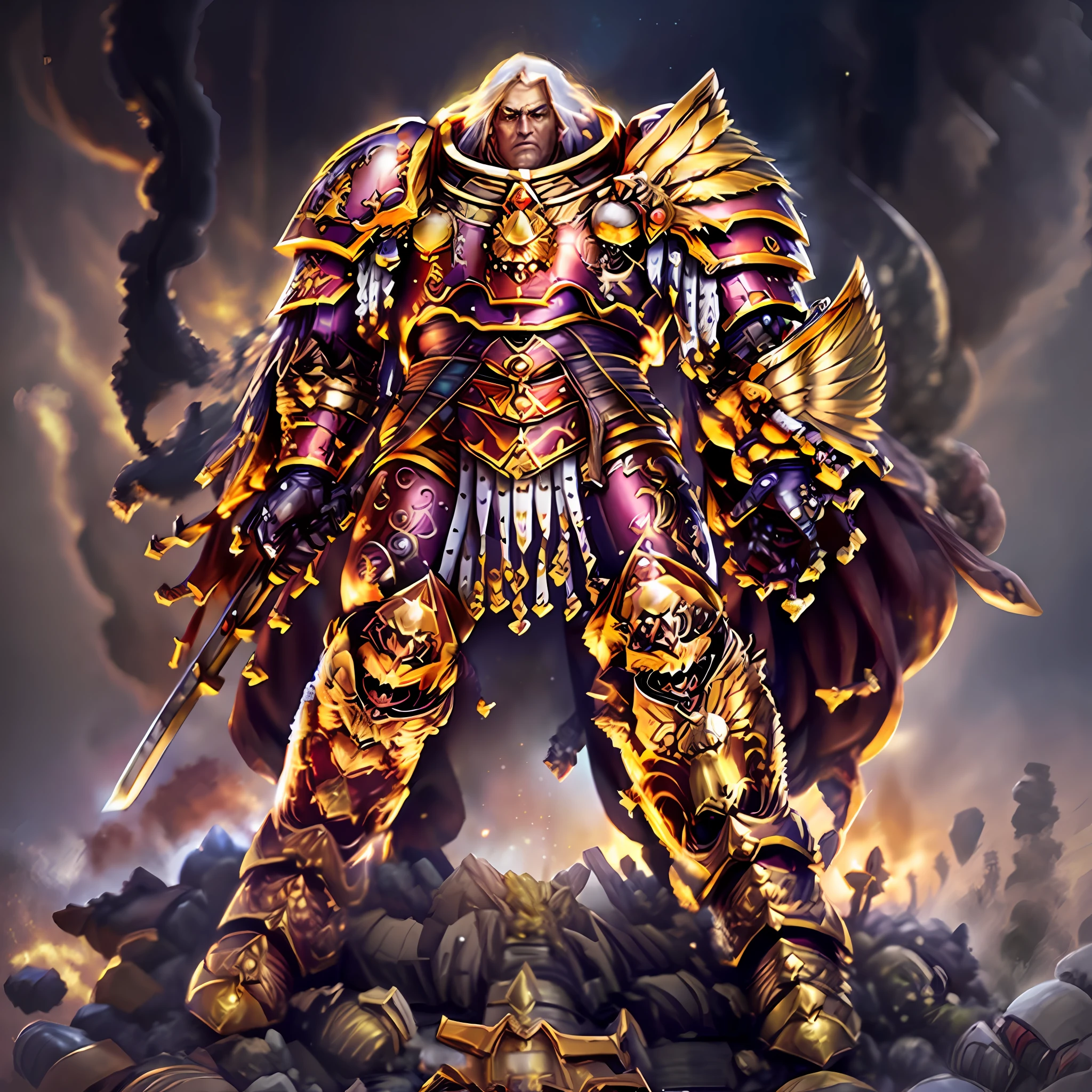 emperor of mankind, he is a 6ft tall being, wears power armor of pure golden eagles carved on our shoulders, very realistic, Warhammer40.00