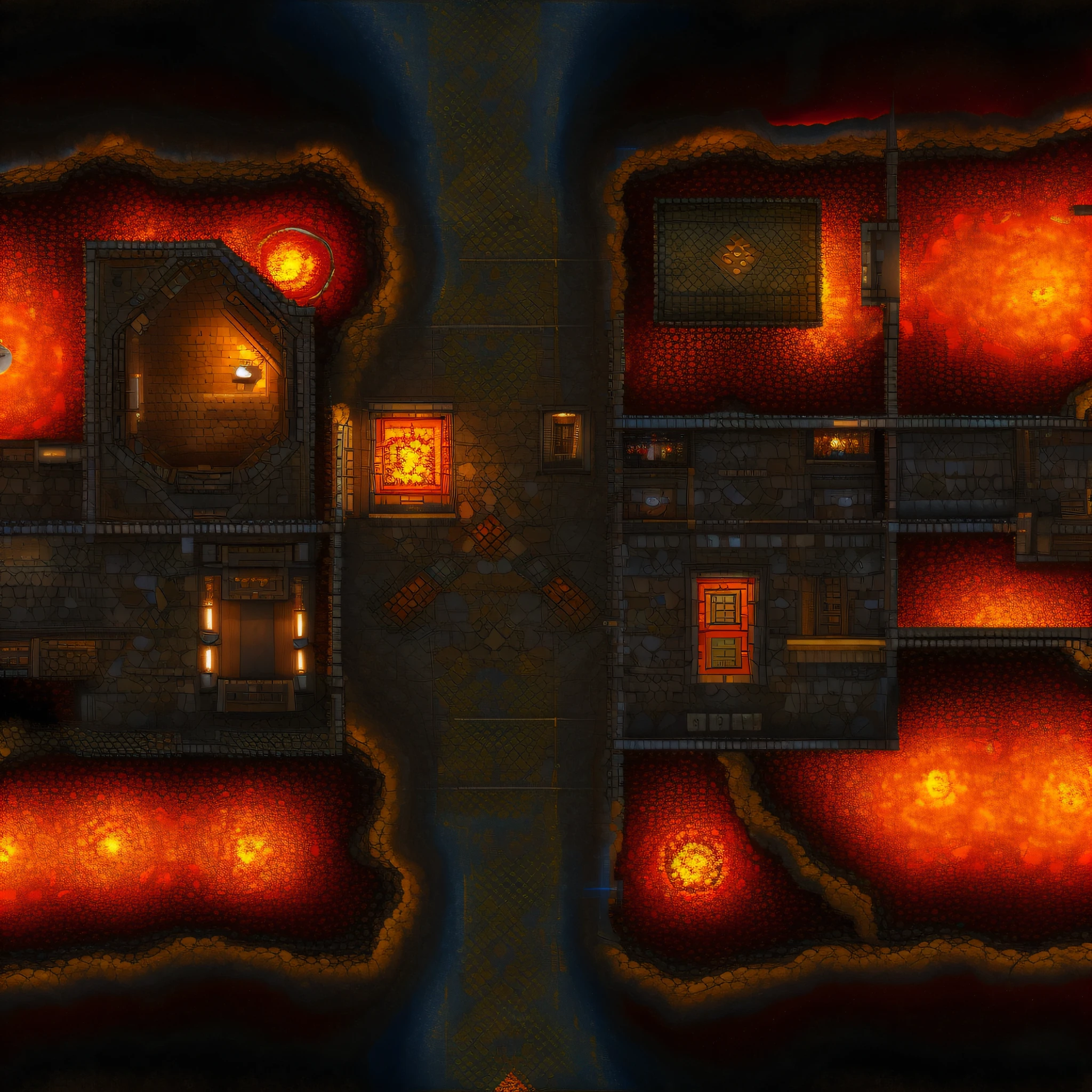 Battlemap the streets of a medieval kingdom filled with lava an underworld several houses topdown vision