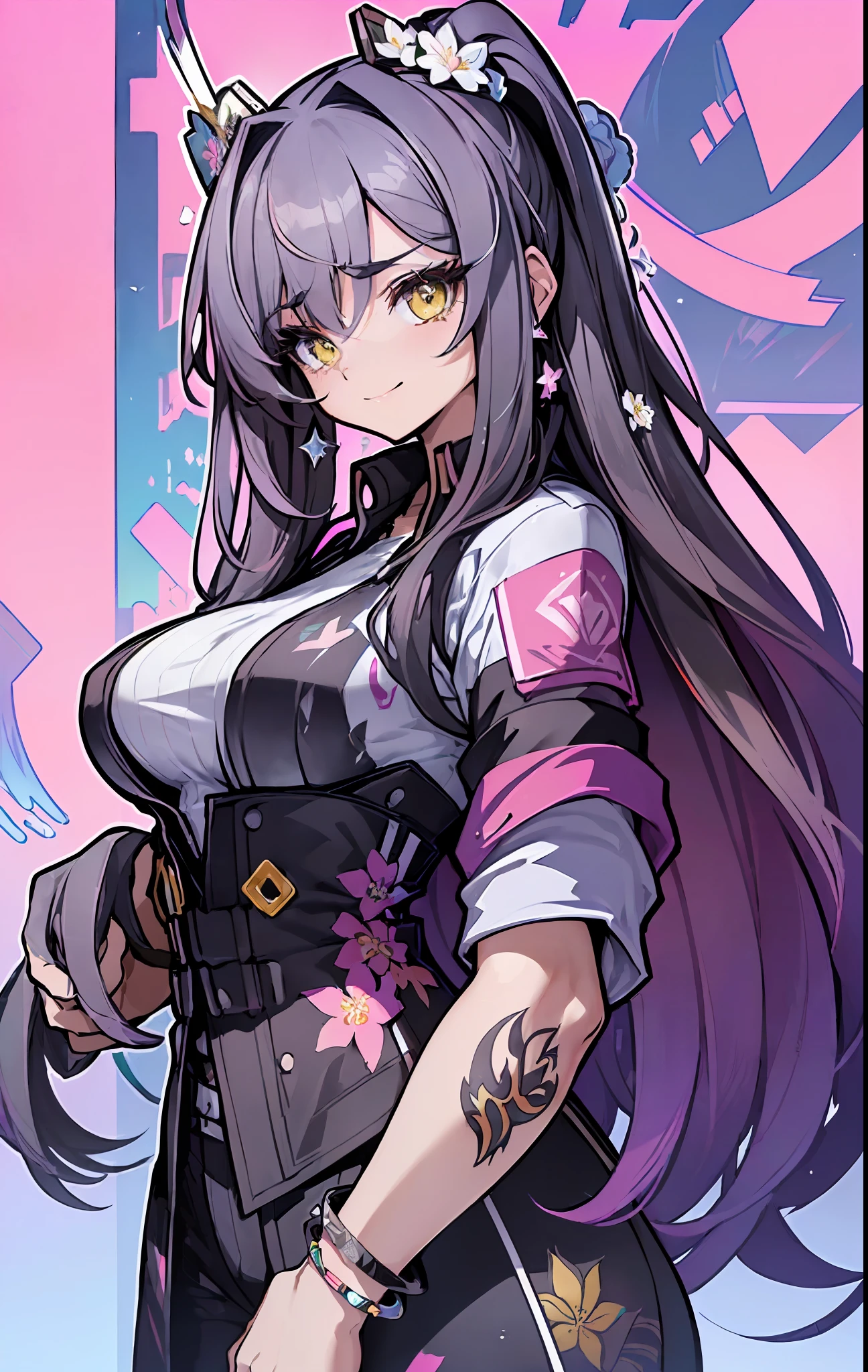 ((((spectacular))) ((heroic)) (((intense))),background, mixed-language_text, Japanese graffit lyrics ,girls, excellent lighting, sidelighting, (), vhsKeeper,, style GUILTY GEAR -STRIVE perfect ultimate (flat color: 1.3), (magazine_cover: 1.4), (multicolored_background: 1.3), striped_background, card_background, circular pieces of white metals glued to the arms coming out shimmering yellow glow,beautiful woman with ultra detailed long black hair, (beautiful and clear background:  1.2), fantastic paintings, graffit style flowers, highly detailed eyes, a t-shirt or dress with a white blouse underneath, background, mixed language_text, Japanese letters in graphite, ashley alexiss beautiful woman, long black hair, excellent lighting, side lighting, perfect ultimate (flat color pink bubblegum gradient: 1.3), (magazine_cover: 1.4), (multicolored_background: 1.3), striped_background, card_background,  :: Discs with sharp and shiny blades in the hand :: circular pieces of white metals glued to the ultra detailed arms coming out sparkling shine, black star design stamped in the middle of the T-shirt, perfect and detailed sculptural body, ultra detailed shirt with abstract design and with Japanese letter print in graphite of the sides of the clothing, used jeans, large chest,  with immersive effects, hover effect, graffiti style flowers background with flowers and vibrant colors, "ultra" hdr detailed and with focus effect, (masterpiece: 1.2, best quality), (beautiful emerald yellow eyes with finely detailed huge eyelashes: 1.2), , ((Solo)), (finely detailed eyes and detailed face: 1.3), beautiful ultra-detailed eyes, linear light smile, graphite and tattoo style background, skintight bodysuit with detailed tattoo style print,  ultra-detailed red gradient leather jacket, warm thighs, black skintight pants with ultra-detailed white and pink details, large breasts, ultra-detailed bracelets on the arms, , bracelet on the right arm wi