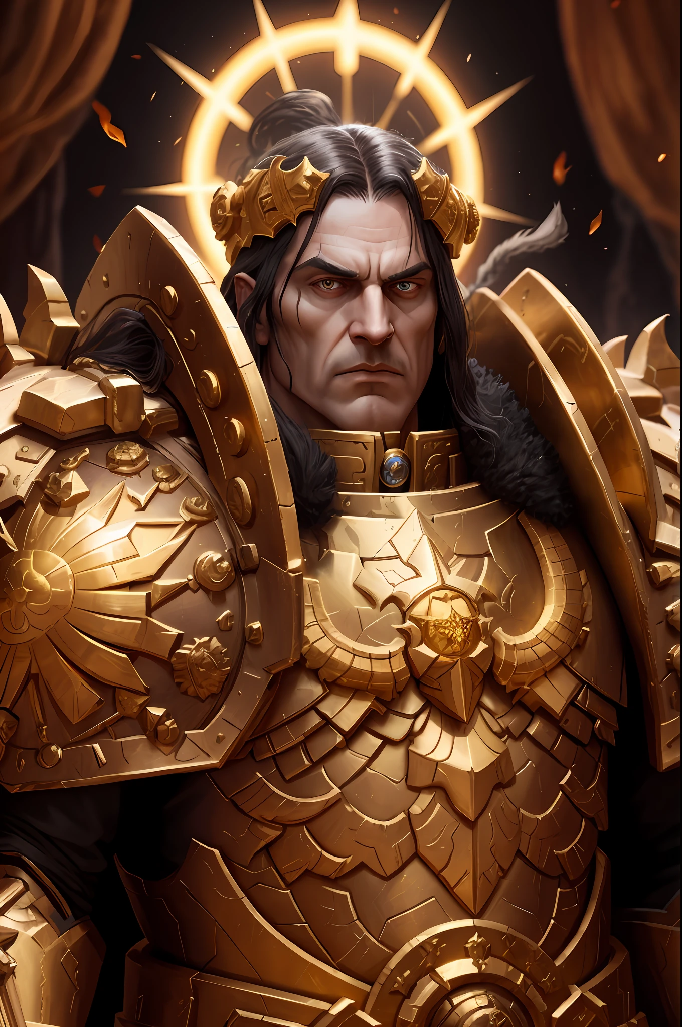 Emperor of humanity, in Warhammer40k, he is dressed in his golden armor, and in his hand he holds a fire sword, ultra realistic, details to the maximum, 8k