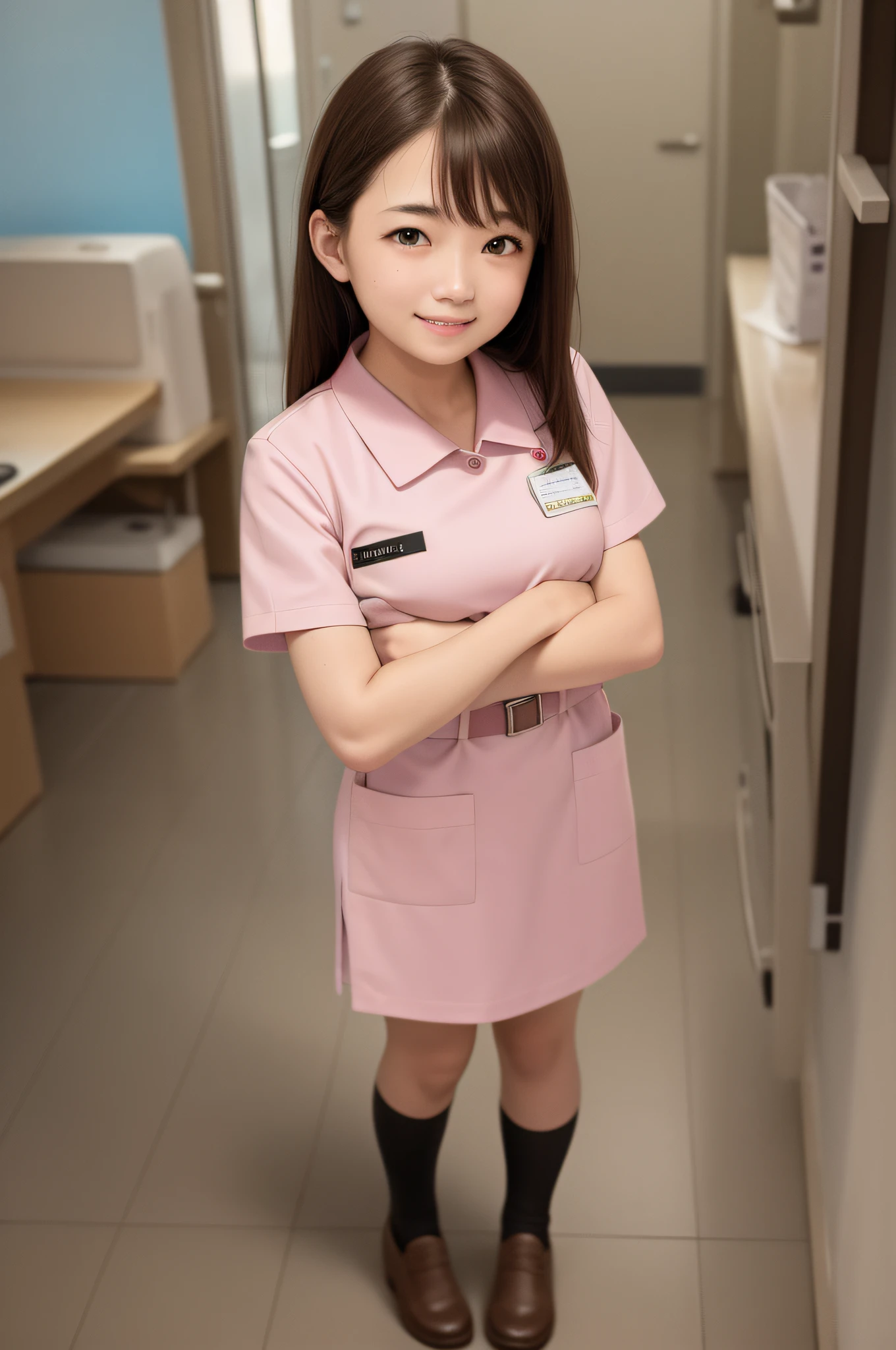 high quality, realistic, photo, human, masterpiece, brown hair, brown eyes, talking, smiling face, lone nurse, light pink uniform, full body, student training