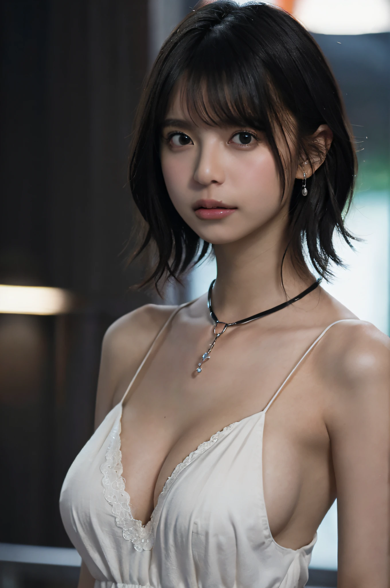 mix4, (8k, RAW photo, best quality, masterpiece: 1.45), (realistic, photorealistic: 1.37), one girl, cute, cityscape, night, rain, wet, professional lighting, photons mapping, radiosity, physically based rendering, gradient black hair, gray hair, short curly hair, handsome, girl, lace(((Deep V-neckline)))slip dress, top quality photo, high res, 1080p, (clear face), (detailed face description), (detailed hand description), (masterpiece), (exquisite CG), extreme light and shadow, disheveled hair, master work, rich details, (fine facial features), (highest quality photo), (masterpiece), (detailed eyes), look in front of you eyes, fine clavicle, ((big breasts, huge areola)),(((areola_slip))),((puffy areolae)),((sideboob)),(underboob),(((collar))),earrings,cleavage,