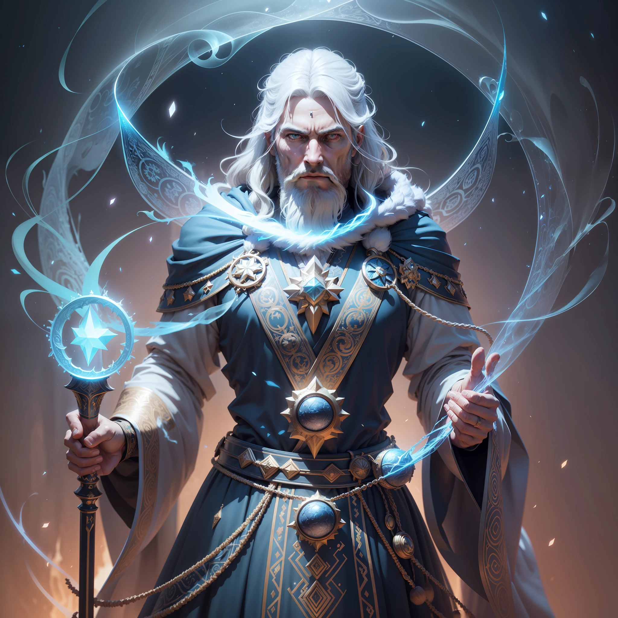midjourny-v4 style, Professional Photoshot medium a male mage, tunic over head, beard and white hair, holding shiny staff, ancient mystical time lord, archmage, legendary god with light blue tunic and highly detailed white intricate, time father, beautiful celestial mage, spell casting, a huge giant celestial god, hermes trismegistus, portrait of a wizard, moon god, highly detailed beautiful face, standing in darkness with black particles surrounding the body, proportional body shape + perfect anatomy, symmetrical dynamic pose, volumetric shadow, neon effect of bright dust particles + detailed particles, render full hd + 3D octane render + unreal motor 5 4k UHD graphic + immense detail + dramatic lighting + well lit + intricate + fine details + octane render + Ray tracing + 8k + sharp focus + high vibrant contrast, in DC style, trend in ArtStation