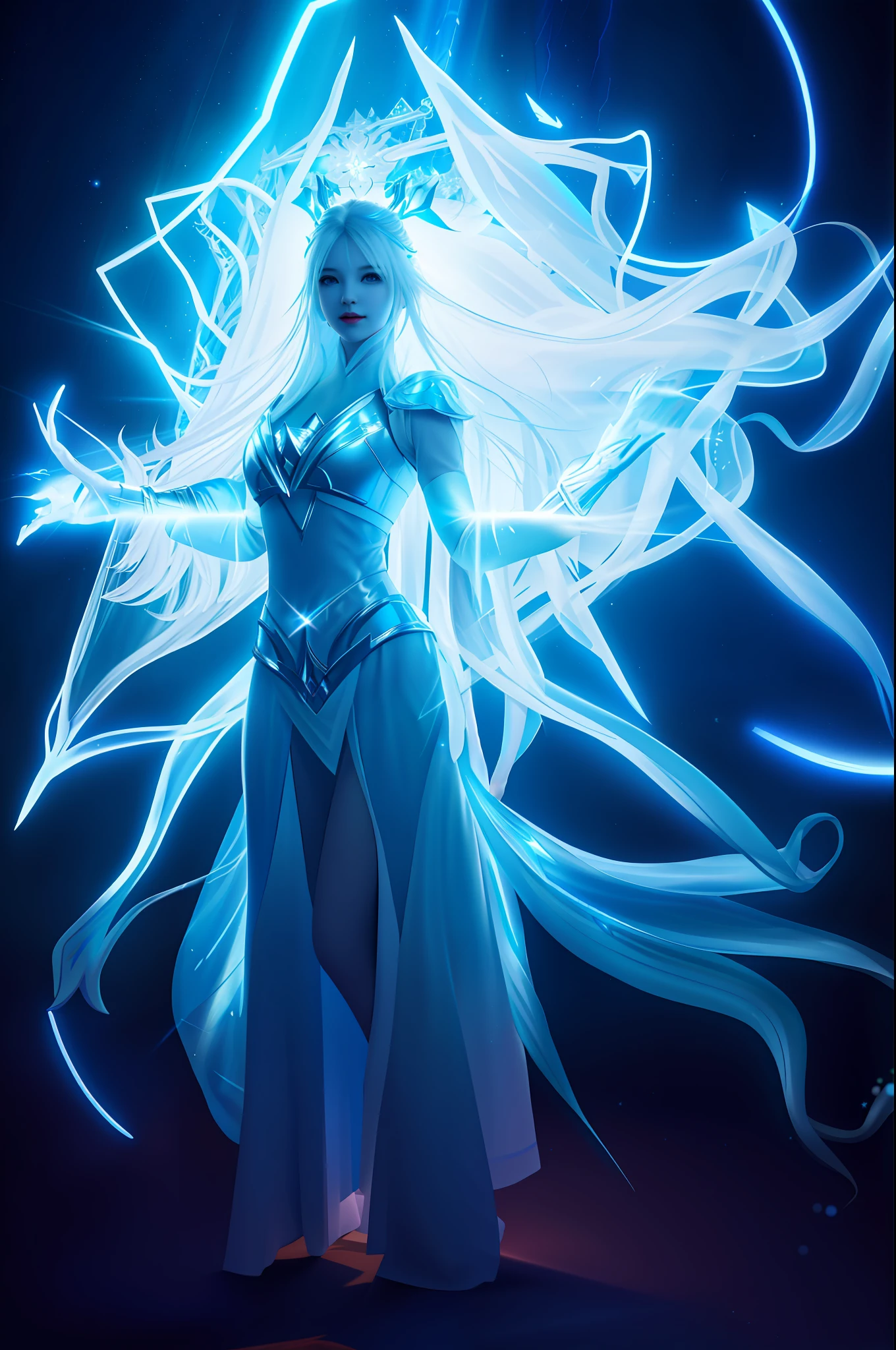 Womanin a white dress with a blue light, she is attracting lightning, dramatic lighting costume, ice sorceress, goddess of lightning, bright flare flare lens girl, bright and epic, blue lighting. fantasy, bright white aura, glowing with magic, dazzling lighting fantasy, cinematic goddess shot, shining in power, bright veins of white