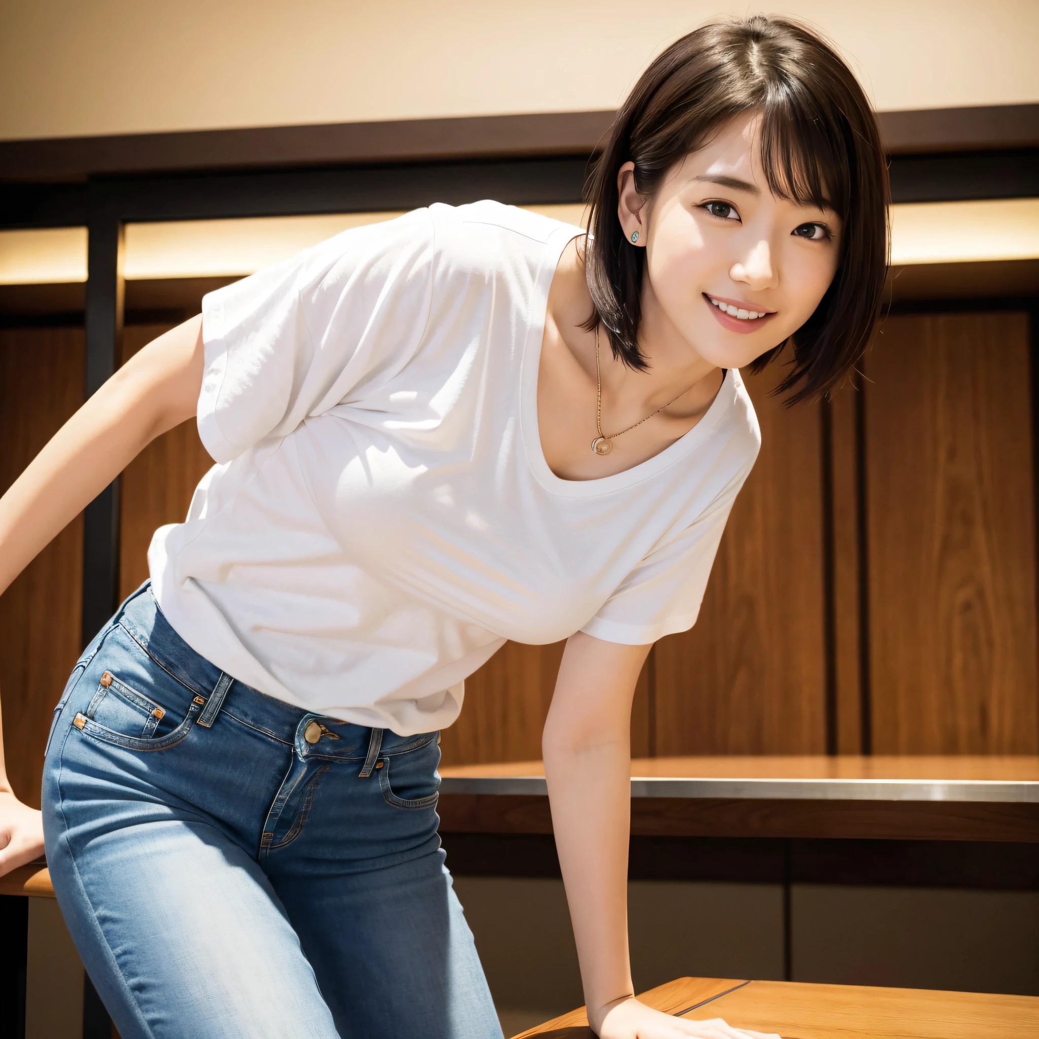 (Best quality, 8k, 32k, Masterpiece, UHD:1.2),Photo of Pretty Japanese woman, 1gril,black short hair,large breasts,(detailed white loose t-shirt:1.2),denim pants,necklace,(detailed lace bra:1.05),(leaning forward:1.8),looking at viewer,pov,looking down,across table,(hands on table:1.1),smile,in cafe,upper body, all fours
