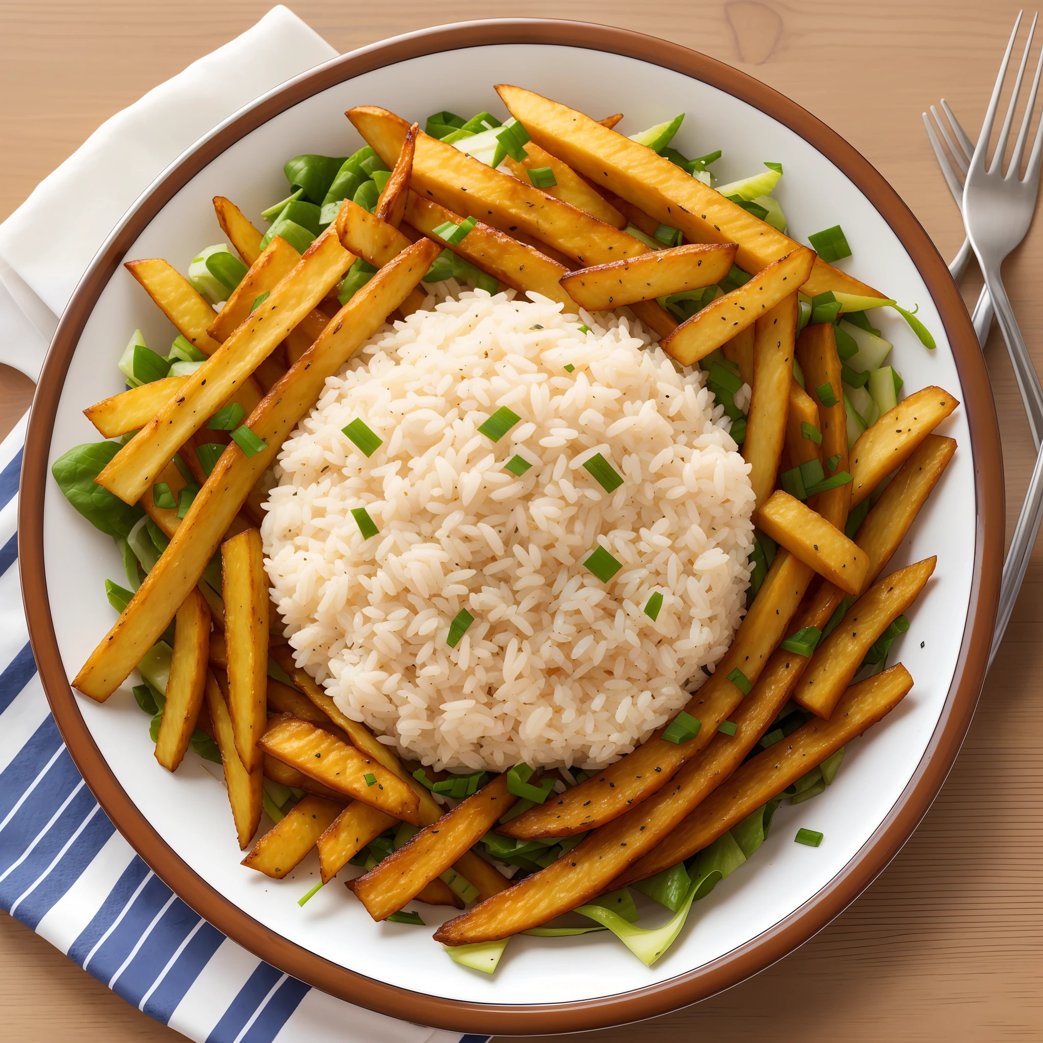 (realistic photo), Rice, salad, heat, crispy perfection, golden brown, flavorful, tender, juicy, French fries, wholesome satisfaction.