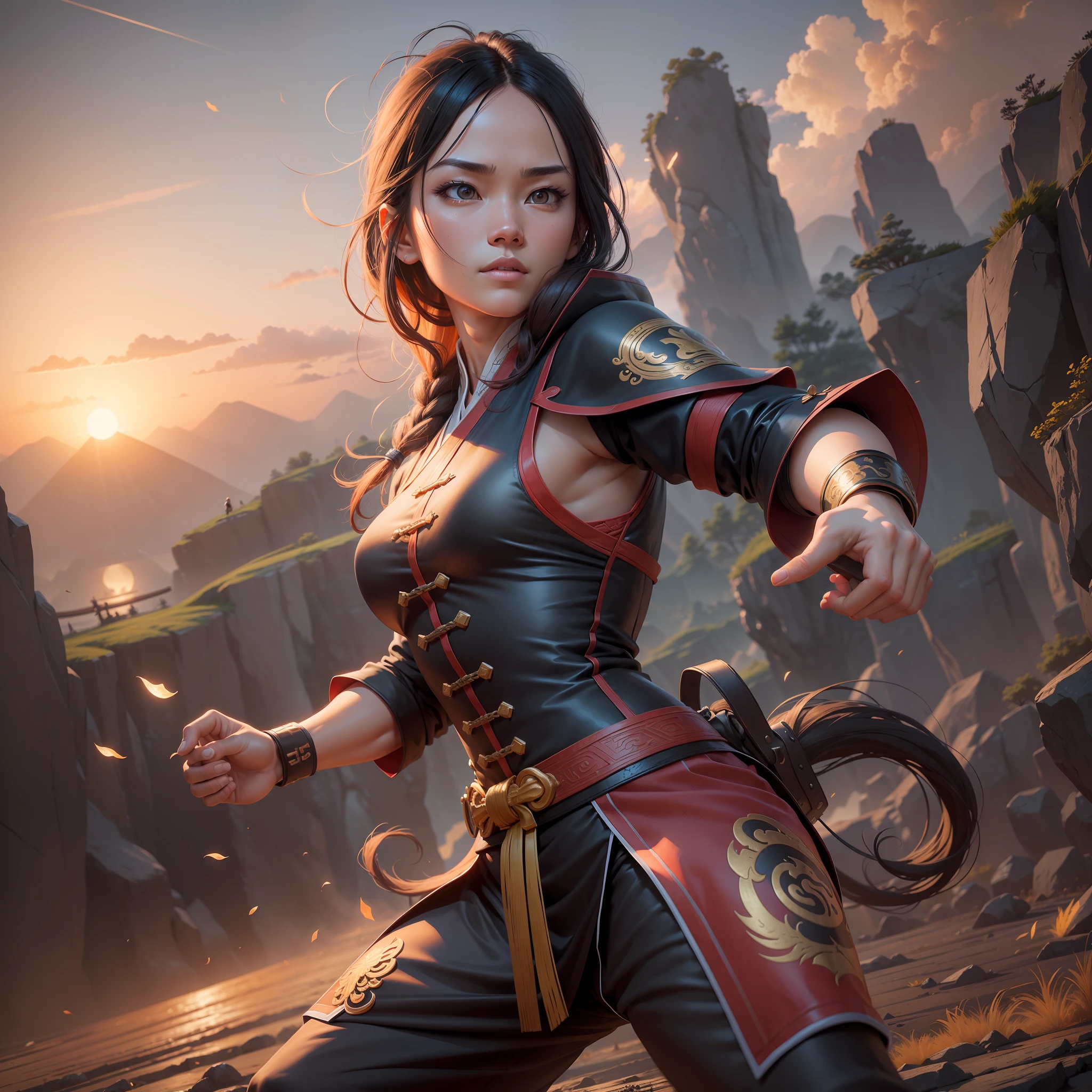 A 2D illustration, (kung-fu master: 1.5), sunset, landscape, highly detailed photo, natural lighting, intricate, Epic, octane render, Hyper Detailed, 8K, Unreal Engine 5