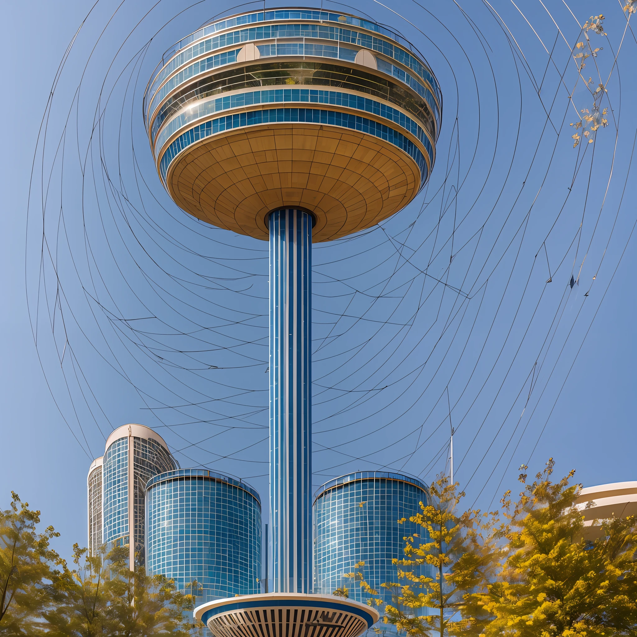1 Drinking Water Reservoir of a city: Circular shape, a spaceship, 12 meters high, 3 meters in diameter, supported by a pillar in the form of a circular tube, photorealistic, high resolution, best quality, masterpiece, stained glass in the colors black, yellow, blues and red heterochromatic, sculpture in a public square, with flowers and trees.