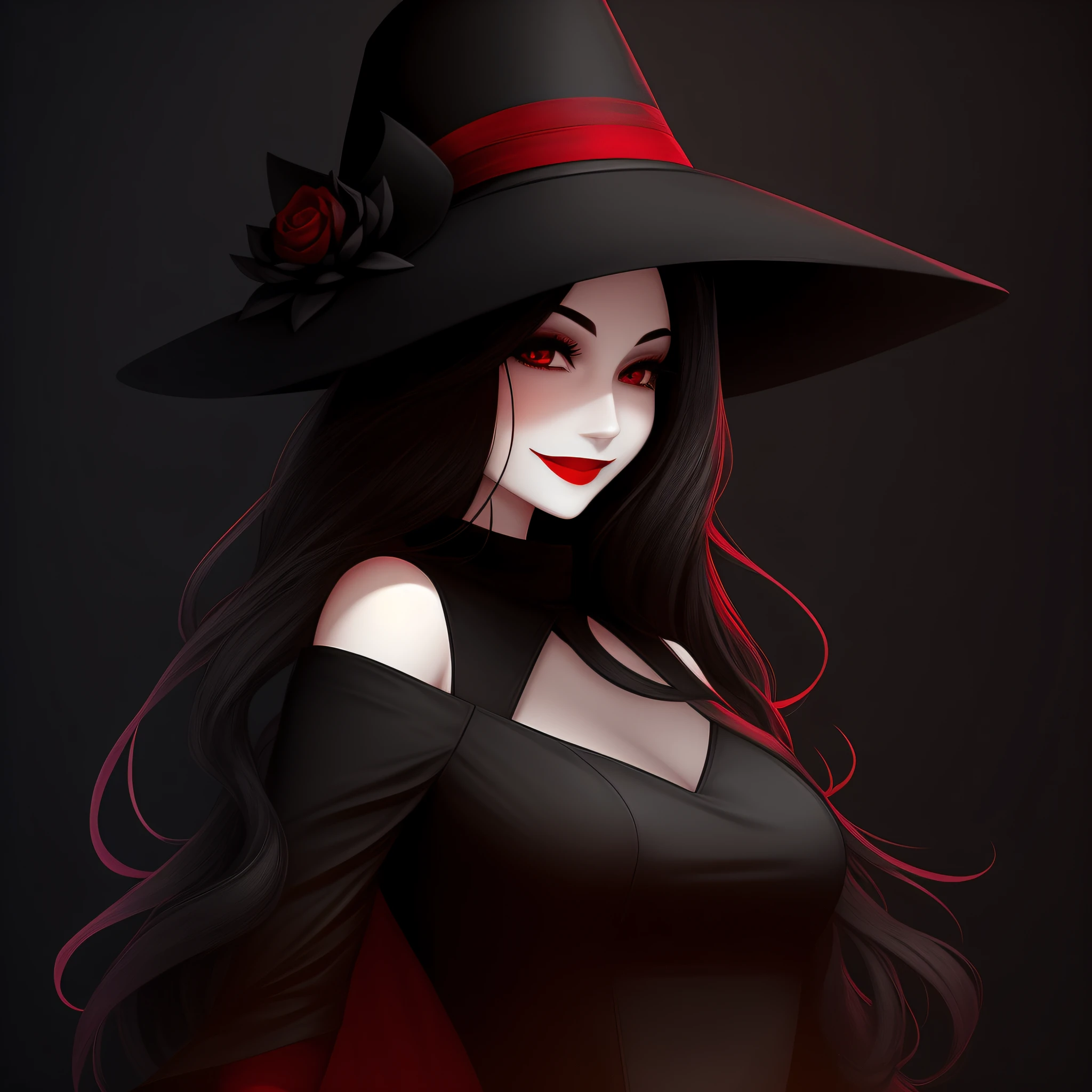 Image of a woman with a hat, inspired by The Mimic Roblox, pale woman, with black clothes, witch, dark, red lipstick and smiling. --auto --s2