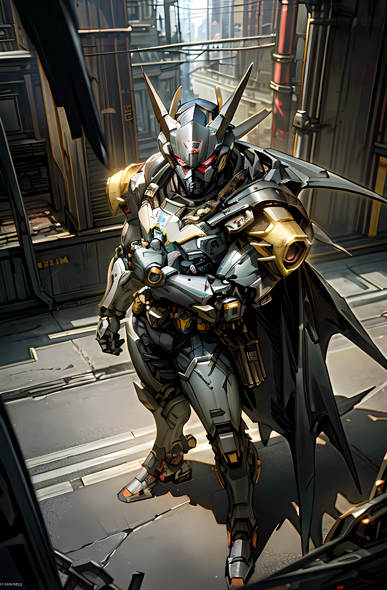 batman standing in a street with a gun in his hand, batman mecha, from overwatch, reinhardt from overwatch, by Jeremy Chong, covered in full metal armor, inspired by Marek Okon, by jeonseok lee, ultra detailed game art, style of raymond swanland, mecha suit, by Krenz Cushart, alexandre ferra mecha