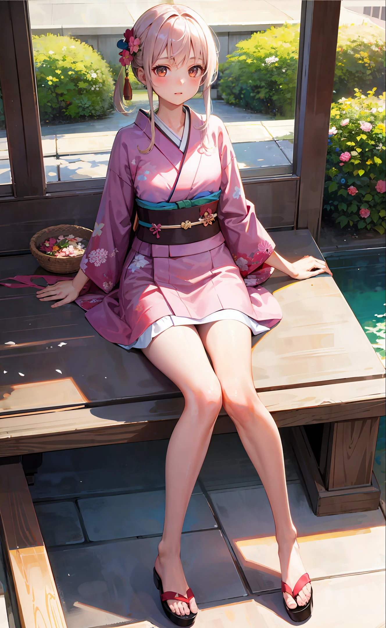 girl, single, kimono, meteor, tight fit, blush, beautiful legs, veranda, 8k, best quality, realistic