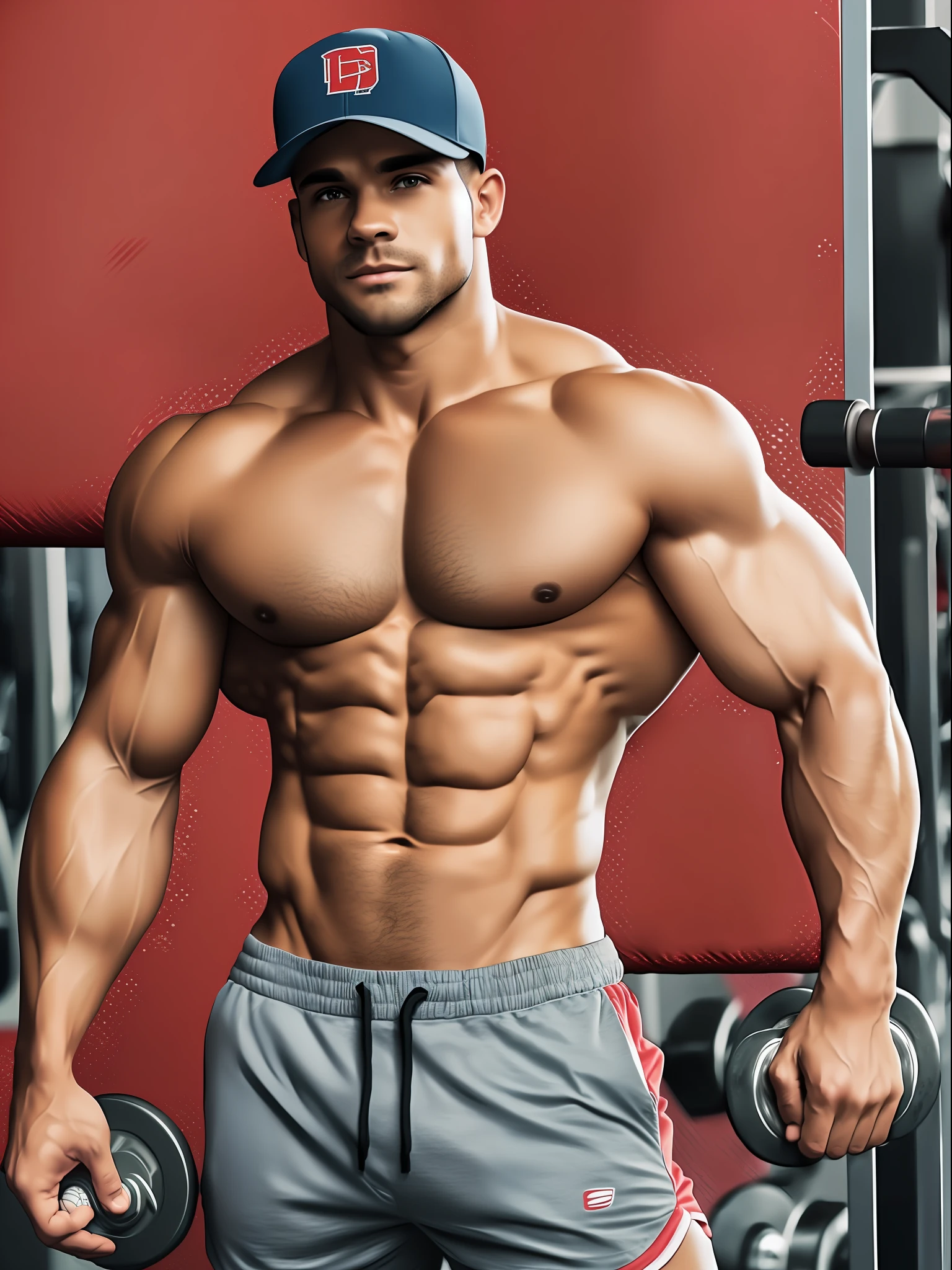 instagram photo, gymrat, super buff and cool, baseball cap, shorts, show off, physique
