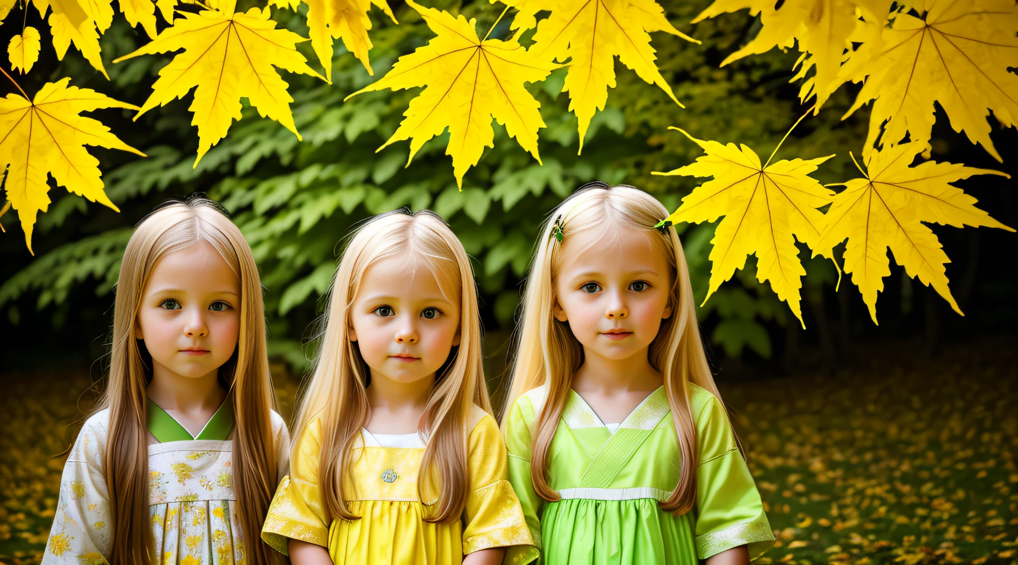 3 girls Russian children with , WITH LONG STRAIGHT HAIR BLONDES, PORTRAIT STYLE, There are two leaves that are hanging on a branch, yellow and green, green and yellow, green and yellow colors, bright leaves, green and yellow tones, leaves on branches, leaves in the foreground, translucent leaves, green leaves, background light leaves, Japanese maples, vibrant colored green leaves, yellow and green, green leaves of background light, painted pale yellow and green