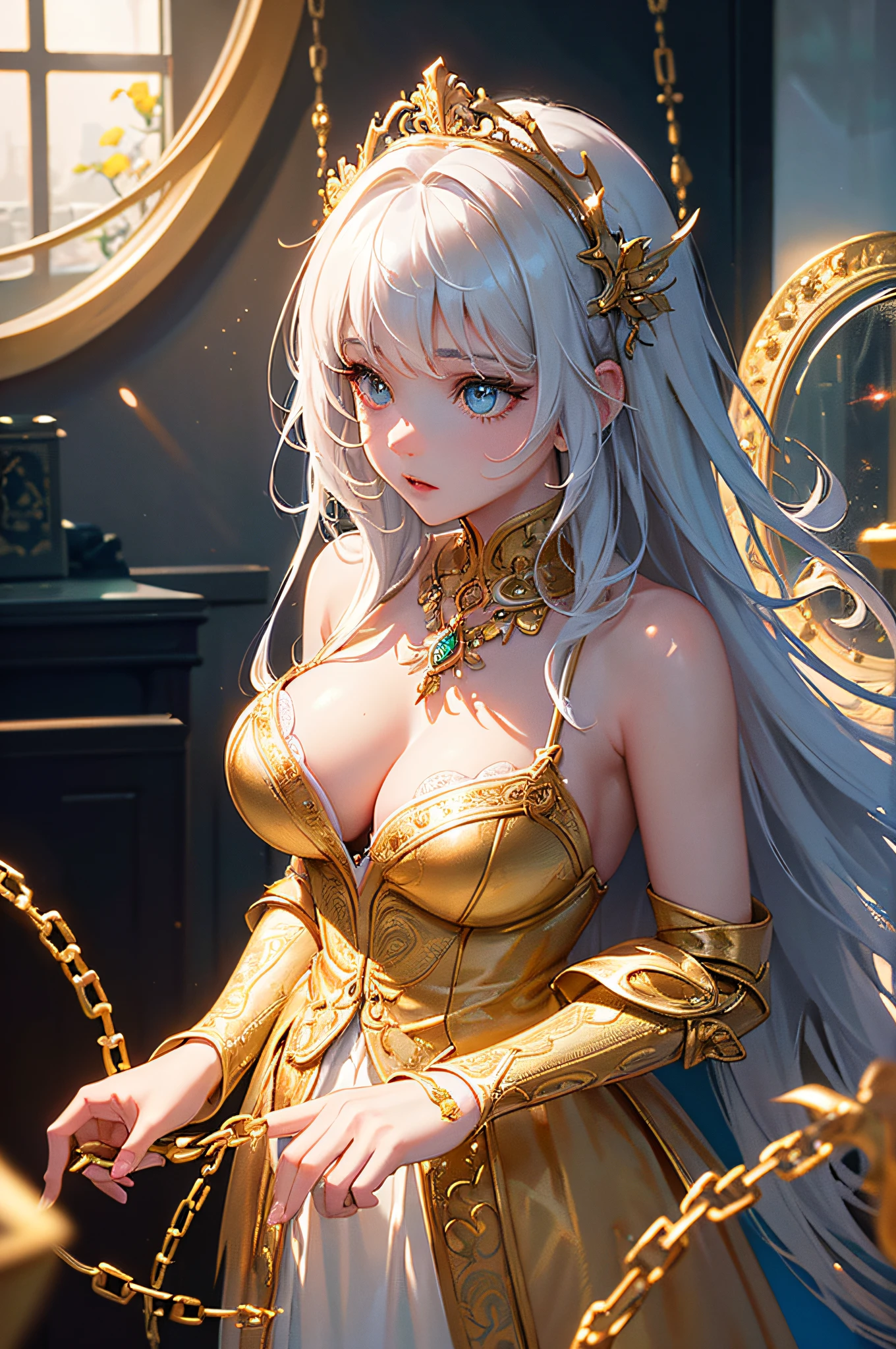 (Masterpiece:1.2), best quality, (illustration:1.2), ornate decorations,(Masterfully crafted Glow, lens flare), (ultra-detailed), hyper details, (delicate detailed), (intricate details), (cinematic light, best quality Backlights),(bioluminescent hair), (glowing eyes), (Dynamic:1.2), ((makeup)), absolutely eye-catching, prehistoric,((colourful paint splashes on background, dulux,)), ((caustic)), dynamic angle, (Captivating),(Intricately Detailed Cinematic :1.1), ambient occlusion, ambient light, ray-traced reflections,(best illumination, an extremely delicate and beautiful), ((cinematic light)), colourful, powerful, (Cinematic masterpiece),big dreamy eyes, perfect proportions, perfectly drawn face, Albedo, white hair, chains, comfortable, Intense, day, Golden sky, Inticing, illustration, Angels everywhere, yellow eyes, red roses, chains, splashes of colour, smooth soft skin, Golden Hour, atmospheric, Park, Fields, Bullets, Breath-taking, ambient light coming from sky, soft warm glow coming from chains, god rays, halo, beautiful intricate coloured hair, symmetrical, soft lighting, , concept art, digital painting, looking into scenery, realistic reflections, tracers everywhere