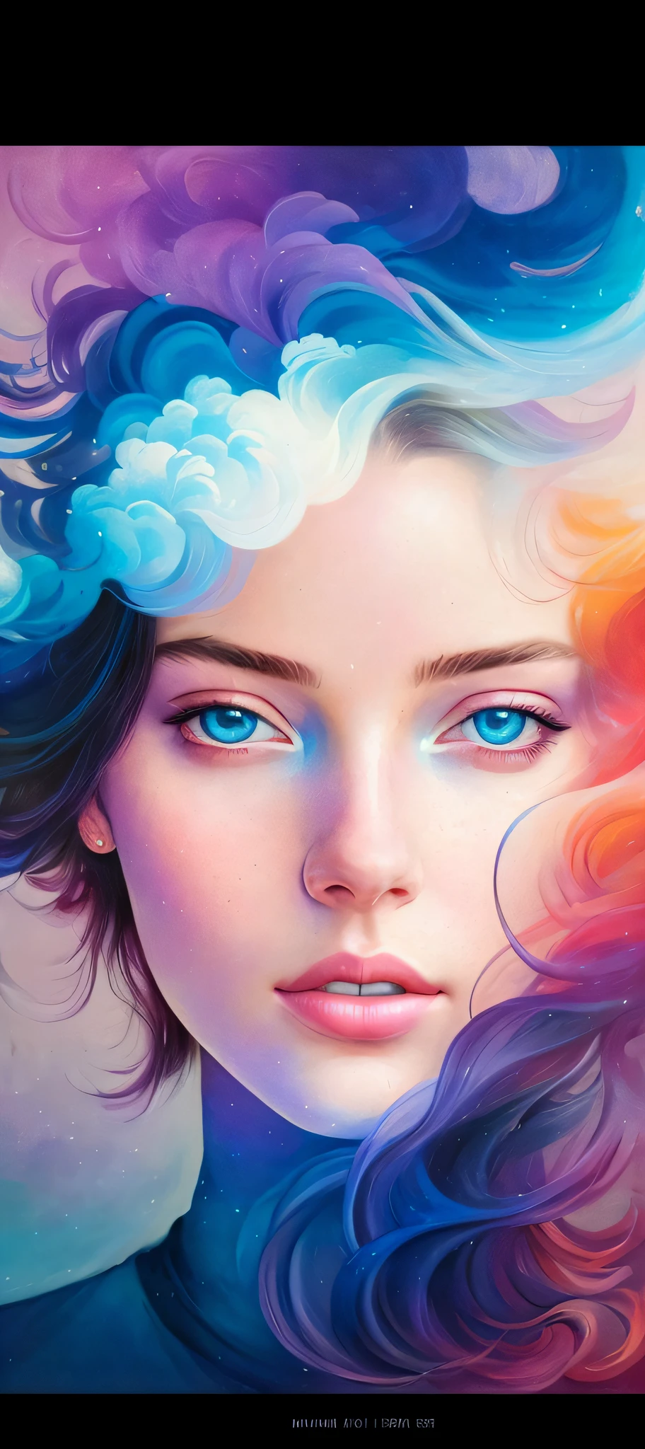 _james jean, floating female figure, smoke, in the sky, colorful and vibrant, mystical colors, contemporary impressionism, portrait painting, iridescent painting, 3/4 perspective vision, cute face, low angle, sweeping circular composition, large crystal eyes, large irises, UHD, HDR, 8K, (masterpiece: 1.5), (the most beautiful portrait in the world: 1.5)