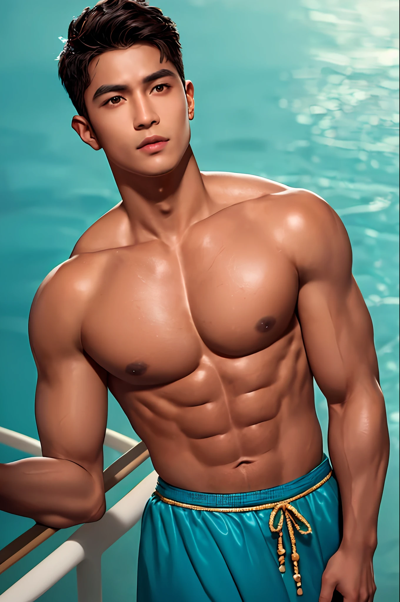 a handsome tanned muscular man with no makeup, in the style of fatima ronquillo, indigo and aqua blue, cultural fusion, karol bak, light brown and teal, carnivalcore, photo-realistic technique, non asian, arab, hispanic, Brazilian, luscious pinkish lips