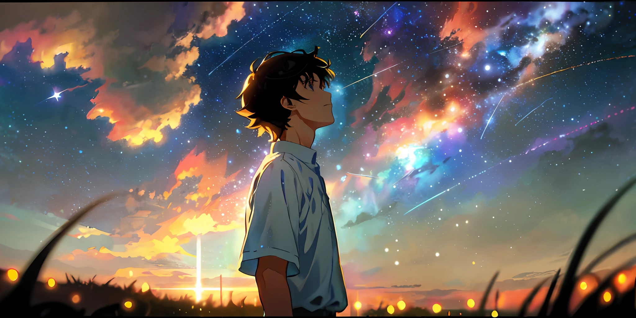 anime boy looking up at the stars in the sky, makoto shinkai cyril rolando, cosmic skies. by makoto shinkai, makoto shinkai!, makoto shinkai!!, makoto shinkai. digital render, in style of makoto shinkai, ( ( makoto shinkai ) ), by Miyazaki, makoto shinkai art style