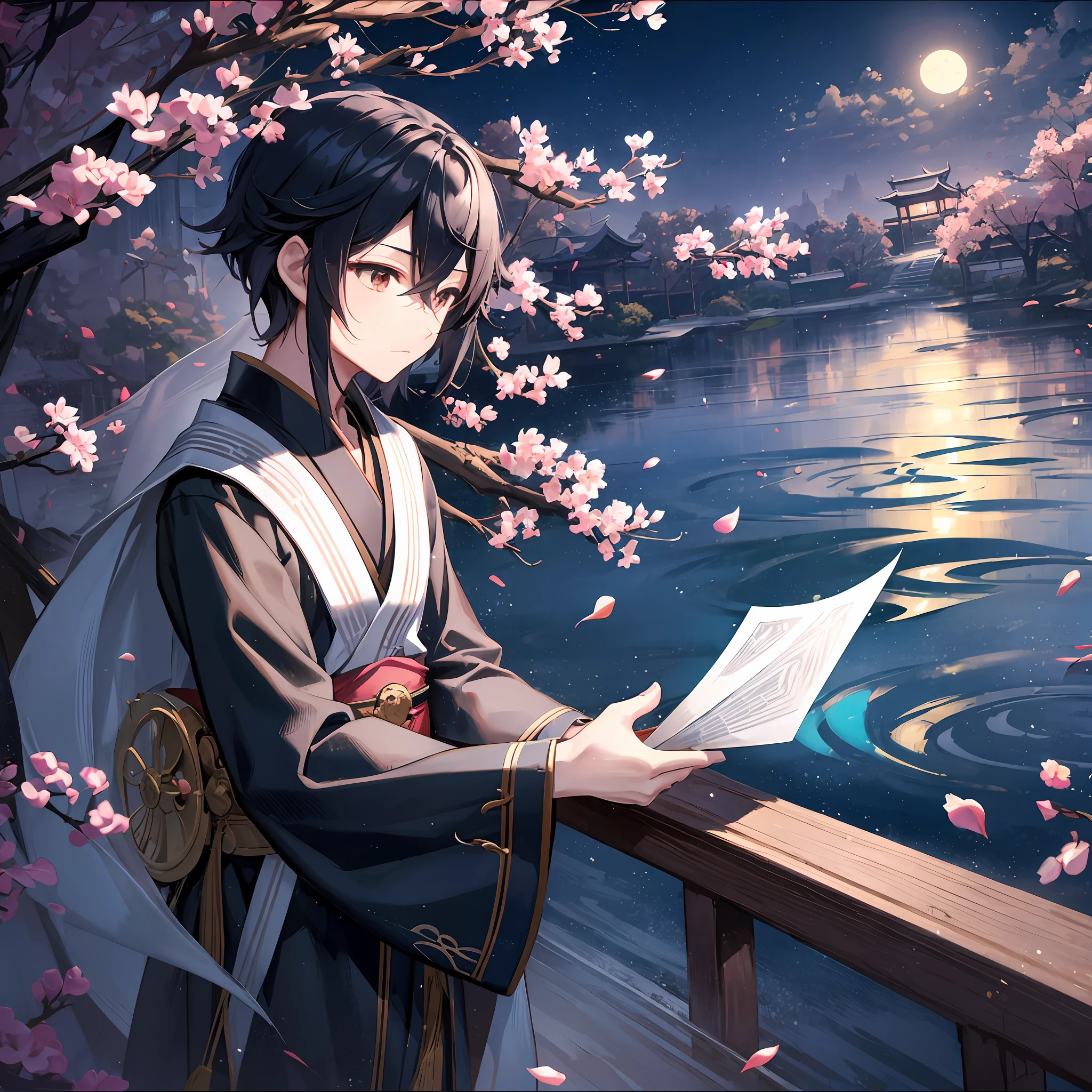 Two-dimensional, antique, Chinese, spring, boy, alone, scholar, literature and art, lost, night moonlight, water ripples, outdoor scenery, wide-angle lens, walking alone, black hair, white hanfu, handheld paper fan, best quality, masterpiece, rendering, 8K, high resolution --auto --s2