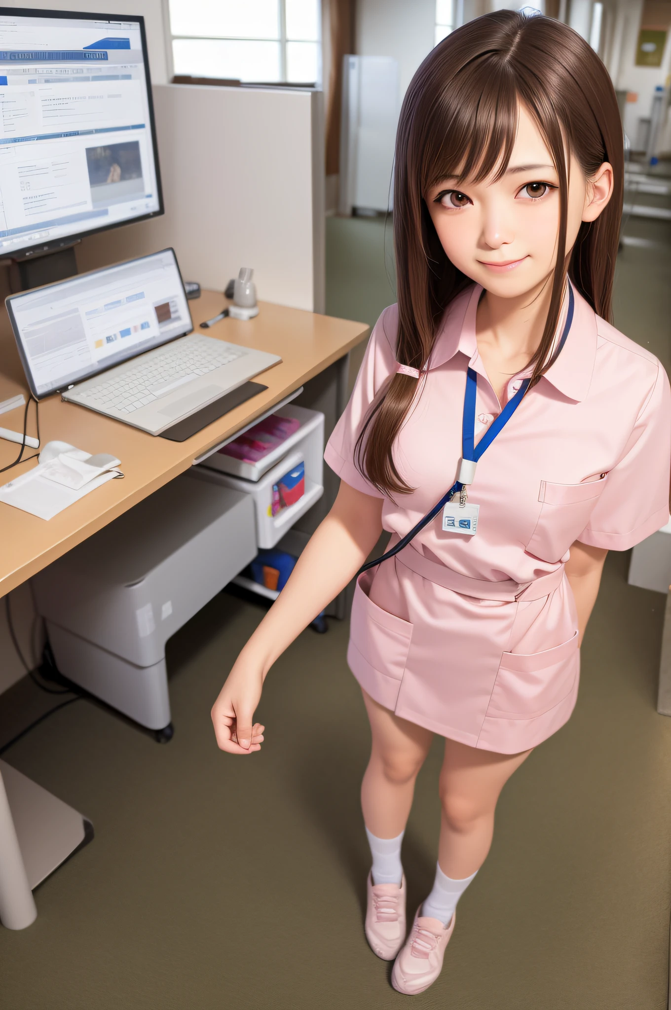 high quality, realistic, photo, human, masterpiece, brown hair, brown eyes, talking, smiling face, lone nurse, light pink uniform, full body, student training