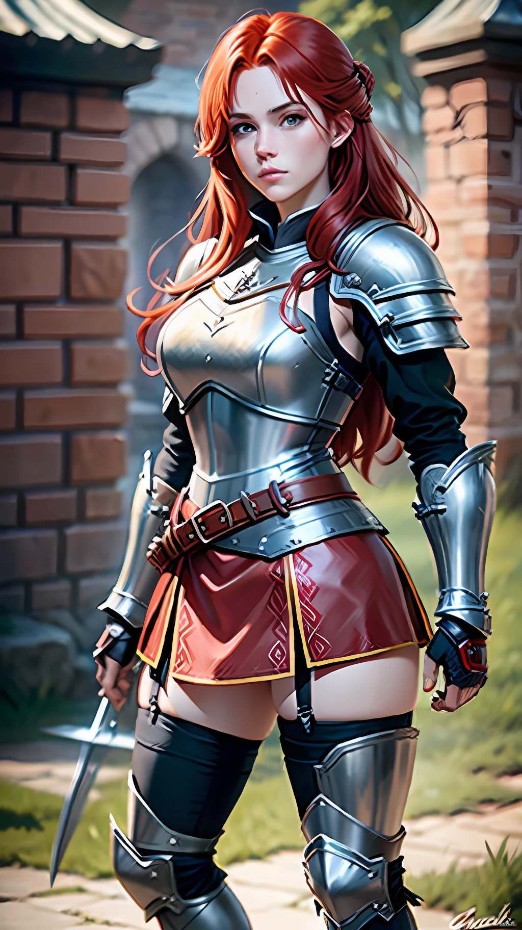 Red-haired warrior, detailed, 1 girl, beautiful, 8k, artwork, ultra realistic, medieval fantasy, gambeson, steel gauntlets, steel boots, red skirt, miniskirt,
