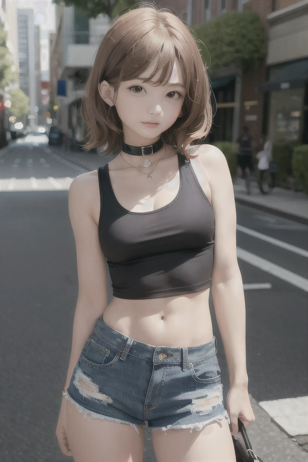 ((medium breast, tomboy girls, small head)),  (chiseled abs : 1.1), (perfect body : 1.1), (short wavy hair : 1.2) , auburn hair, collar, chain, full body shot, crowded street, wearing black tanktop, jeans jacket, ((shorts)), (extremely detailed CG 8k wallpaper), (an extremely delicate and beautiful), (masterpiece), (best quality:1.0), (ultra highres:1.0)