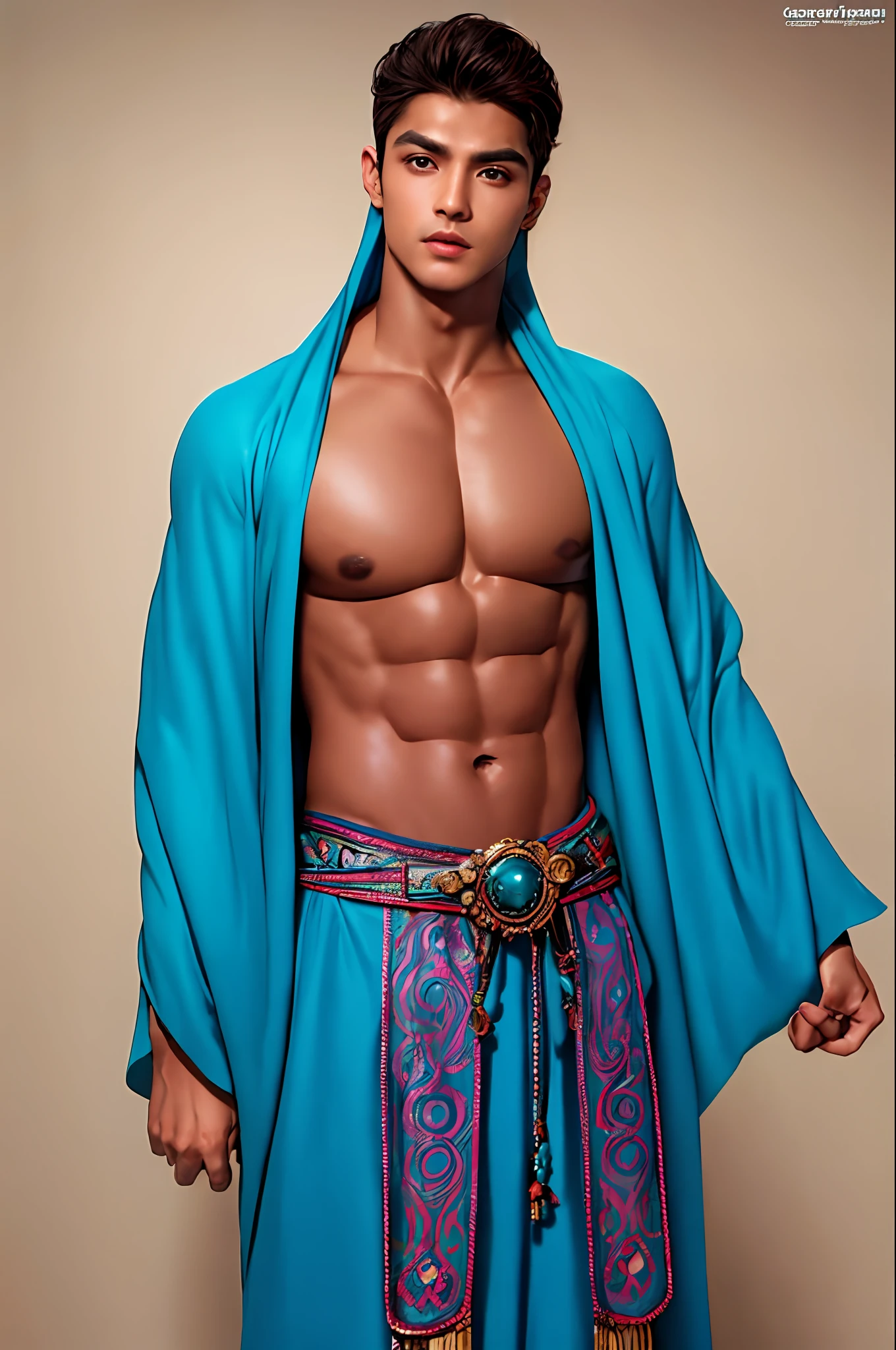 a handsome tanned muscular man full body with no makeup, in the style of fatima ronquillo, indigo and aqua blue, cultural fusion, karol bak, light brown and teal, carnivalcore, photo-realistic technique, non asian, arab, hispanic, Brazilian, luscious pinkish lips