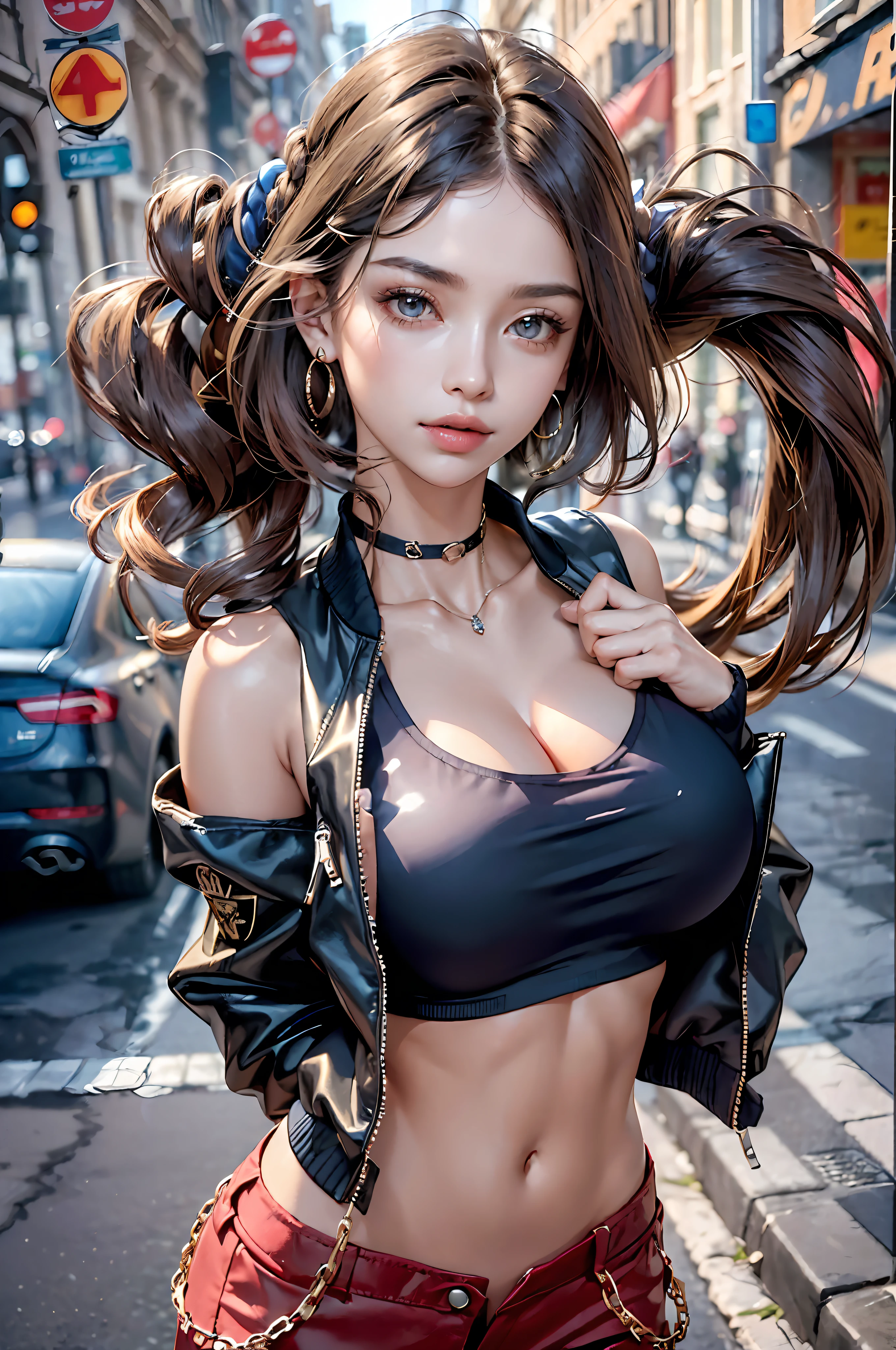(((masterpiece))),((best quality)),detailed,1girl,(hands in pockets),dynamic pose,(Perfect and delicate hairdressing),Shiny hair,brunette,Short,Messy hair,Swept bangs,undercut,Brilliant highlights,(Perfect and delicate eyes),(Perfect and delicate beauty),Expressionless,(Perfect for soft and supple skin),Glow skin,skinny,(Shiny skin),(Perfect Body Type),Narrow waist,Wide hips,breast_expansion,collarbone,x_navel,cleavage,(Beautiful clothes with perfect details),goyain,chain_necklace,navy bomber jacket,open_clothes,open_jacket, maroon crop top,maroon_pants,street,pedestrian,((large breast))