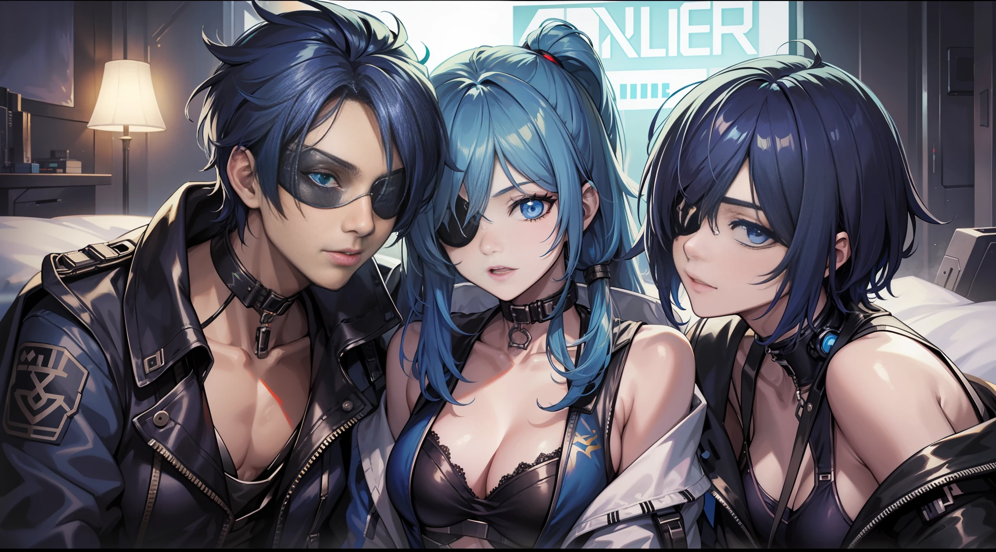 2 males, future, ((cyberpunk))), {{{(Kaeya), (dark blue hair), (one-eyed), (eyepatch), (glowing clothes)}}}, in bed