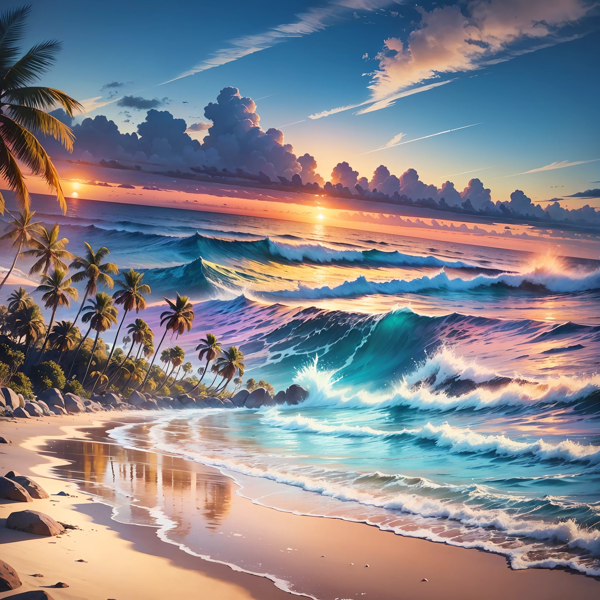 An absolutely mesmerizing sunset over the beach, with a blend of oranges, pinks, and yellows filling the sky. Crystal-clear waters of the sea gently kissing the shore, with sandy white beach stretching far and wide. The scene is dynamic and breathtaking, with seagulls soaring high in the sky and gently swaying palm trees. Take in the calming atmosphere and let the peacefulness wash over you. --auto --s2