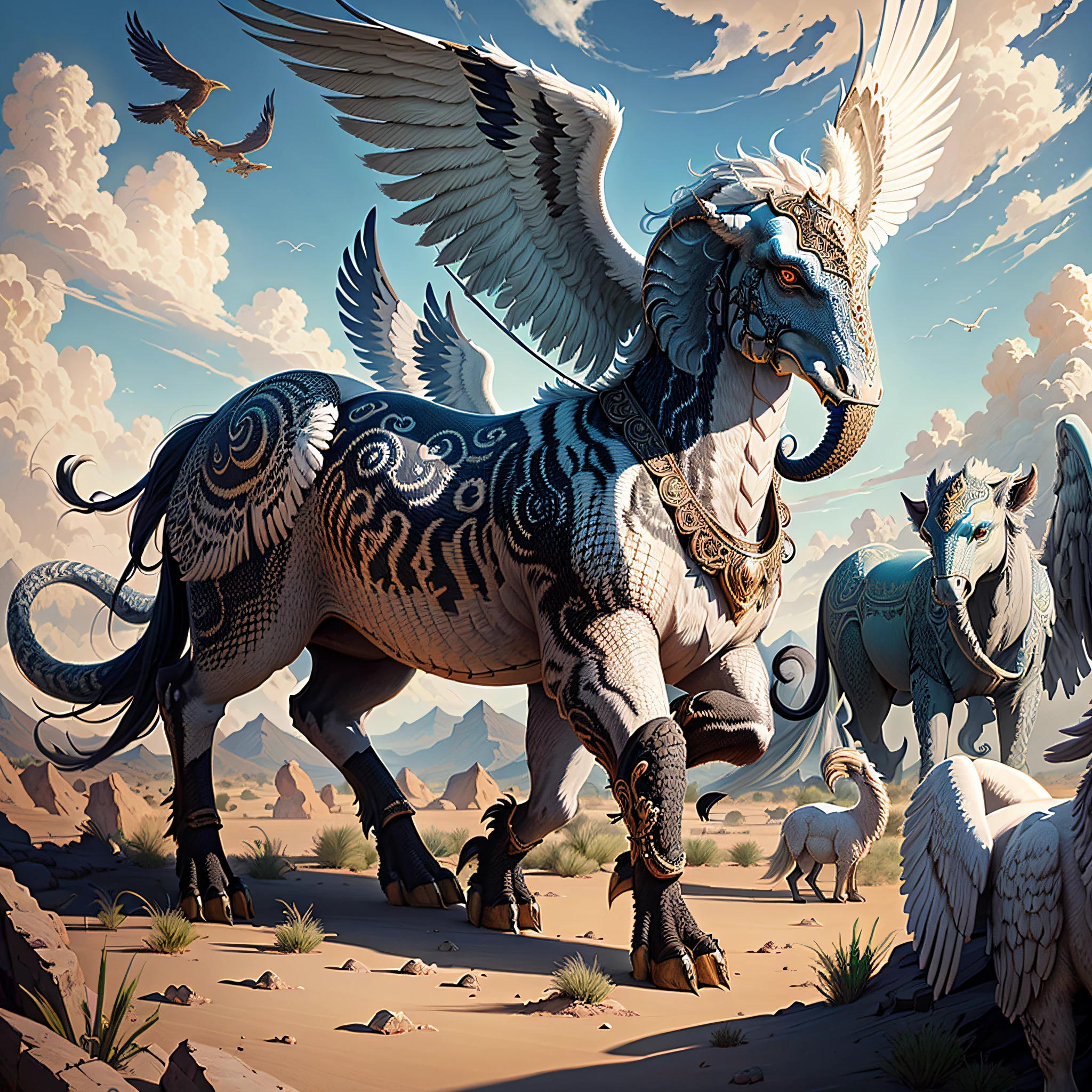 there are many animals that are standing in the desert, highly detailed fantasy art, by Kerembeyit, surreal hybrid animals, symmetrical epic fantasy art, extremely detailed digital art, flying mythical beasts, highly detailed digital painting, detailed fantasy digital art, highly detailed digital artwork, mythical creature, epic fantasy sci fi illustration, realistic fantasy illustration