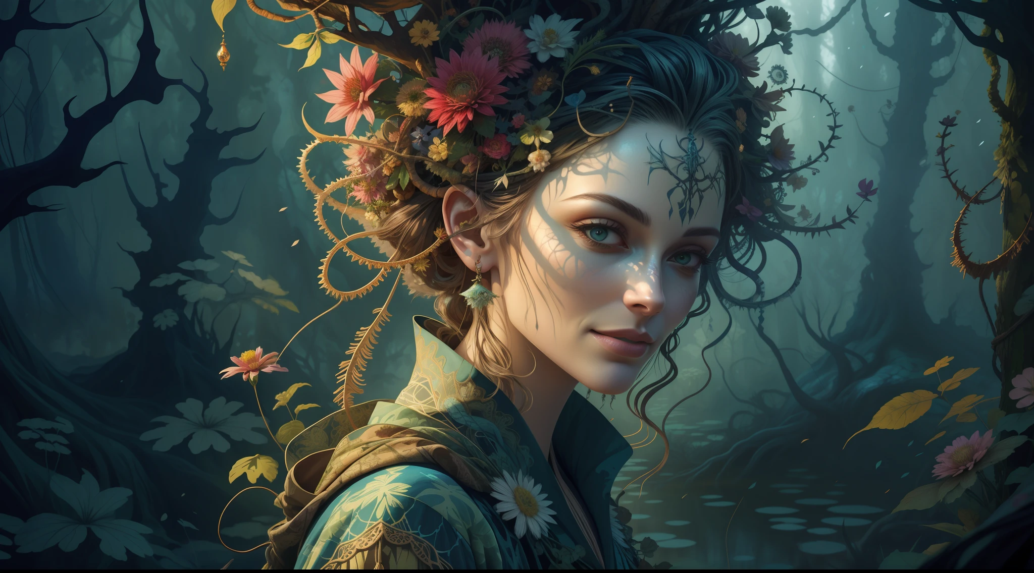 horror art, fear, unified 8k wallpaper, super detailed, beauty and aesthetics, masterpiece, best quality, (zentangle, mandala, tangles, entanglements), 1girl, (shimmering tulle earth tones intricate flower woven robes: 1.2), deep and rich black shadows, (up close from the side: 1.1), Mother Earth, smiling, enchanting whimsical fantasy forest background, happiness, enchanting atmosphere, very detailed, dynamic angle, cowboyshot, the most beautiful chaotic forms, elegance, fauvist design, bright colors, romanticism, by James Jean, Robbie Devi Antonio, Ross Tran, Francis Bacon, Michal Mraz, Adrian Gaini, Petra Koreit, Gerhard Richter, Takashi Yamamoto, Ashley Wood, Atmospheric