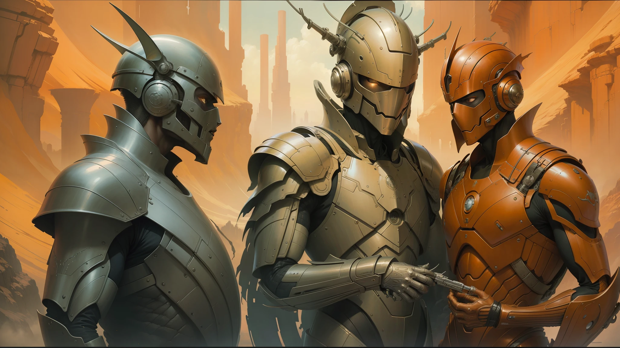 painting of two men in armor standing next to each other, peter gric and dan mumford, craig mullins nekro, by Peter Gric, style of jim burns, inspired by Stephan Martiniere, cgsociety ), cybernetic civilizations, cybernetic civilisations, fractalpunk, award winning scifi art, by Ian Miller --auto --s2