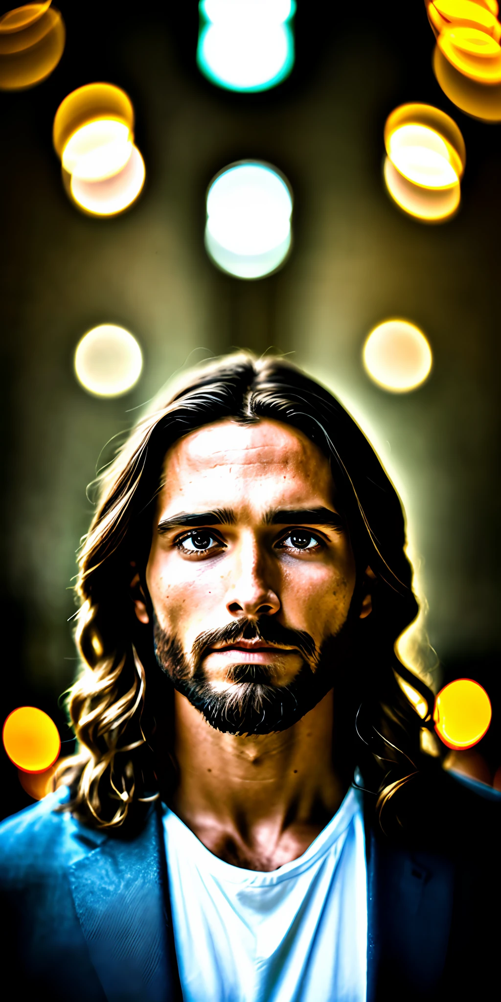 portrait of modern day Jesus, cinematic lighting, depth of field, bokeh, realism, photorealistic, hyperrealism, professional photography, uhd, dslr, hdr