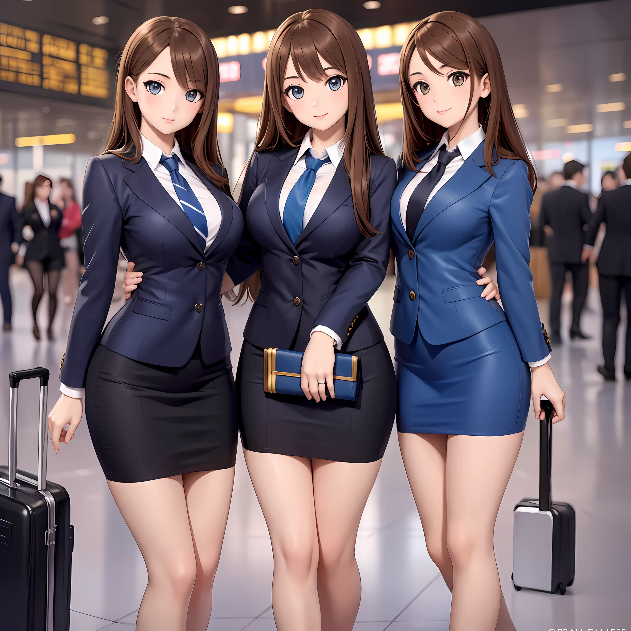 {{Mature female, caucasian}}, looking at viewer, hazel eyes, extremely detailed, medium breasts, brown hair, airport, flight attendant, uniform, dark blue blazer, dark blue necktie, dark blue skirt, medium skirt, pencil skirt, bare legs, blue high heels, happy, best quality, high quality, extremely detailed anime screencap, group shot, {{{{crowded, multiple girls, thousands of sisters, millions of sisters,billions of sisters, clone, doppelganger, matching outfit, matching hairstyle}}}}, full body