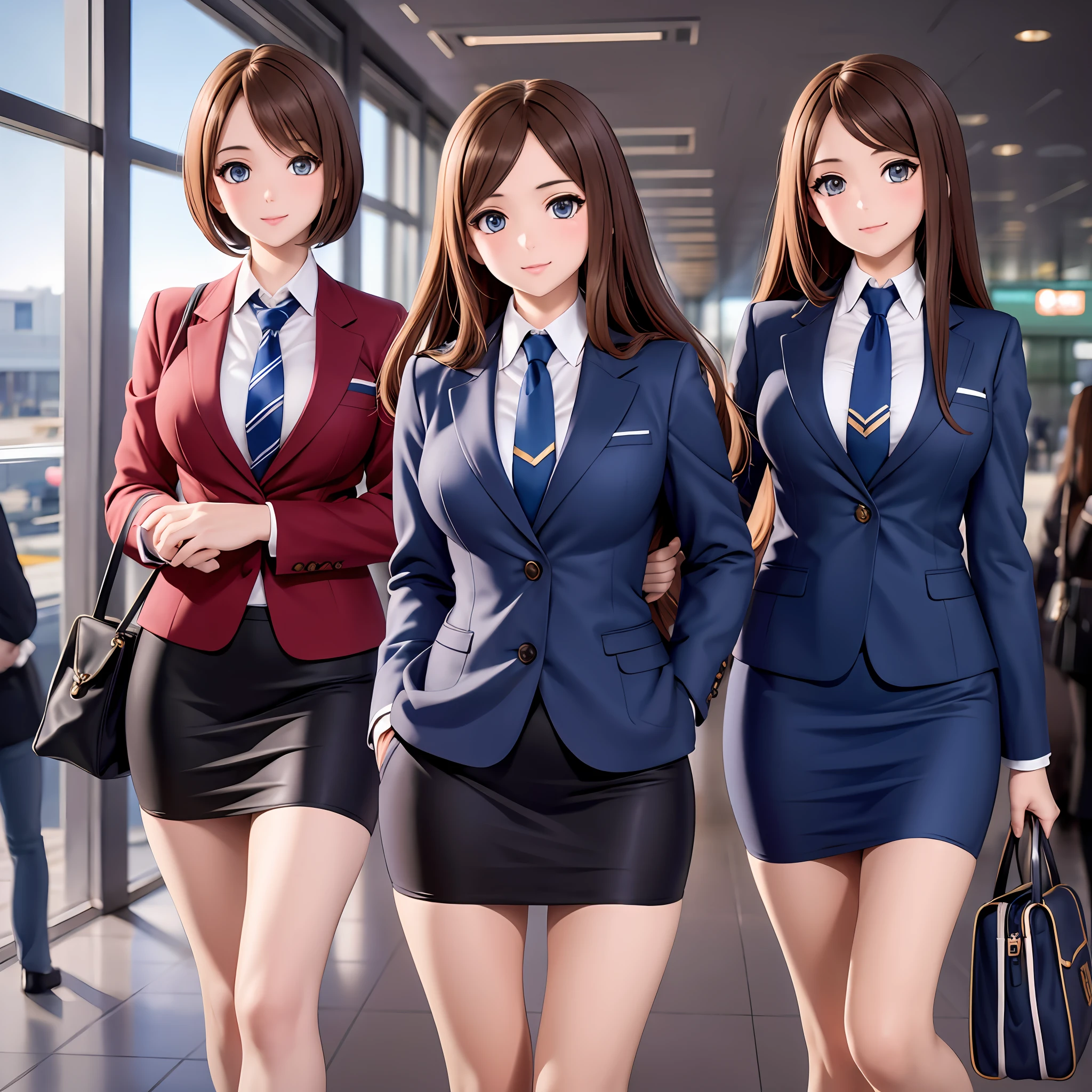 {{Mature female, caucasian}}, looking at viewer, hazel eyes, extremely detailed, medium breasts, brown hair, airport, flight attendant, uniform, dark blue blazer, dark blue necktie, dark blue skirt, medium skirt, pencil skirt, bare legs, blue high heels, happy, best quality, high quality, extremely detailed anime screencap, group shot, {{{{crowded, multiple girls, thousands of sisters, millions of sisters,billions of sisters, clone, doppelganger, matching outfit, matching hairstyle}}}}, full body