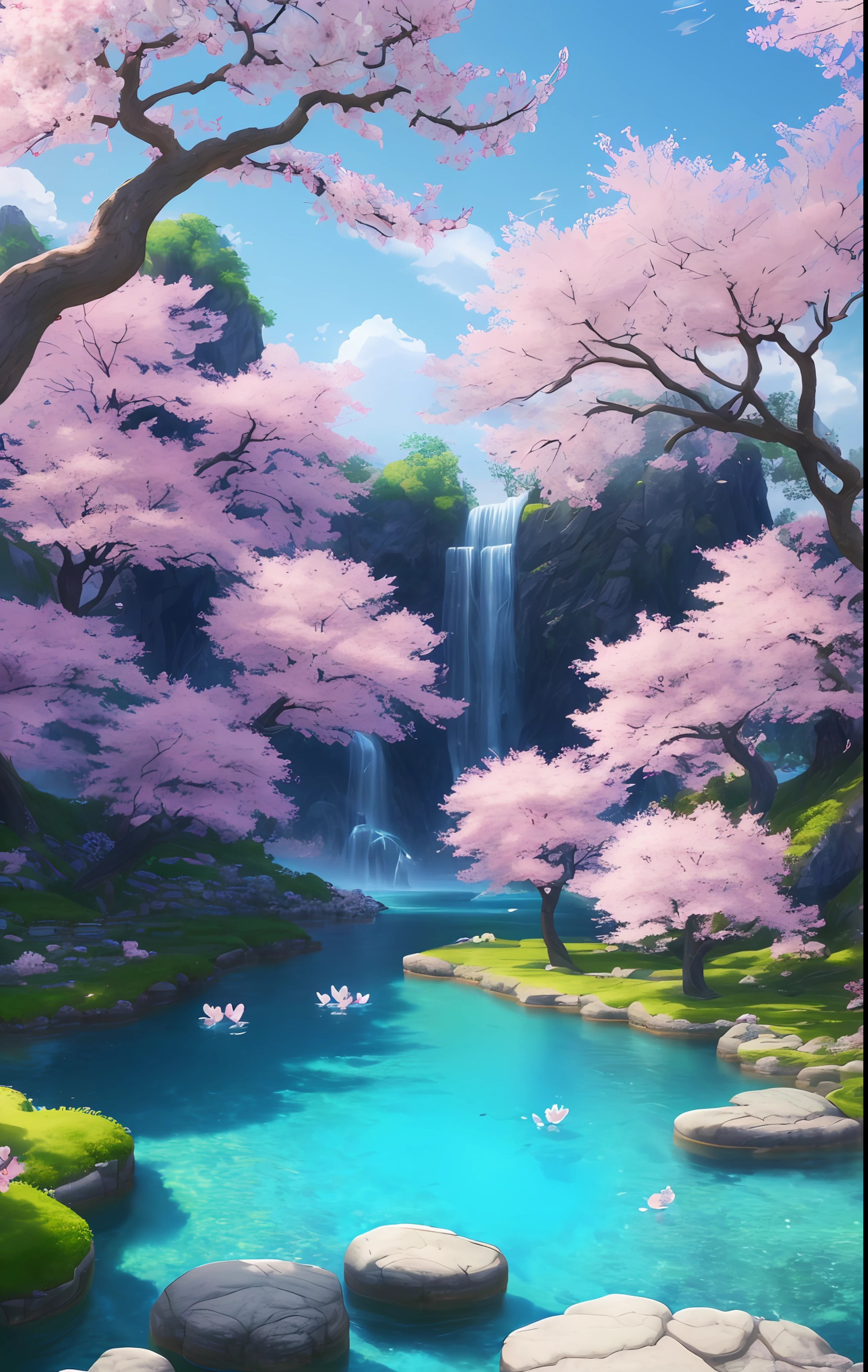 Masterpiece, best quality, (very detailed CG unity 8k wallpaper) (best quality), (best illustration), (best shadows) Critters Vibrant colors, water, natural beauty, peaceful oasis , cherry blossom tree, petals floating in the air, blue sky wonderland ray tracing, ultra-detailed --v6