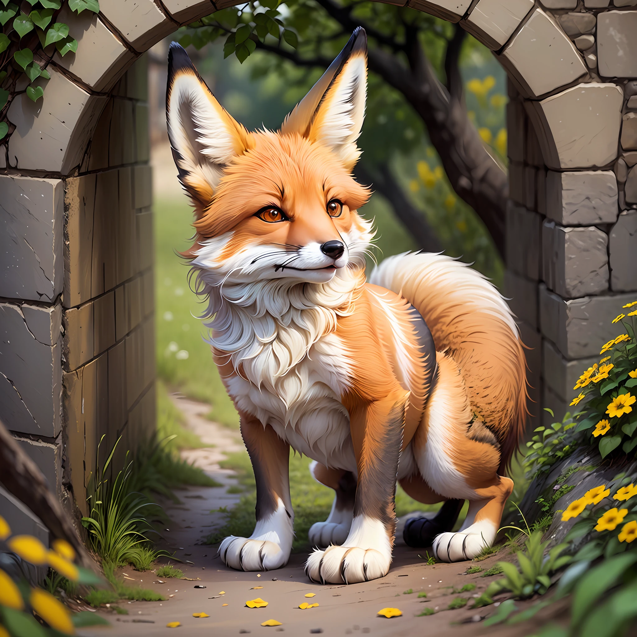 A fox, yellow and white, with white paws and the tip of its tail, in pixelated