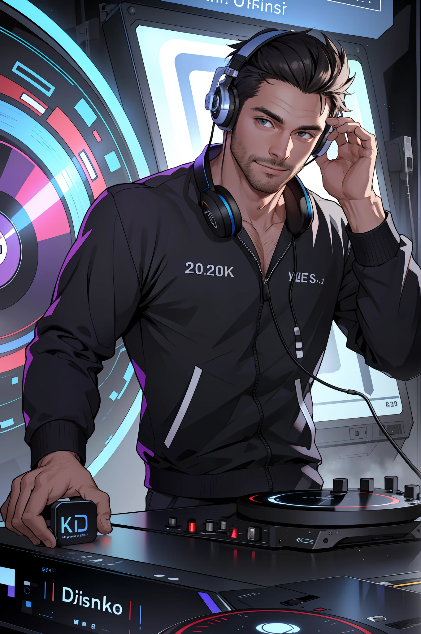 (8k, maximum quality, best quality, masterpiece, highly detailed: 1.2), man, whole body part, 30 years old, dj, no headphone, written RAFFB on blouse