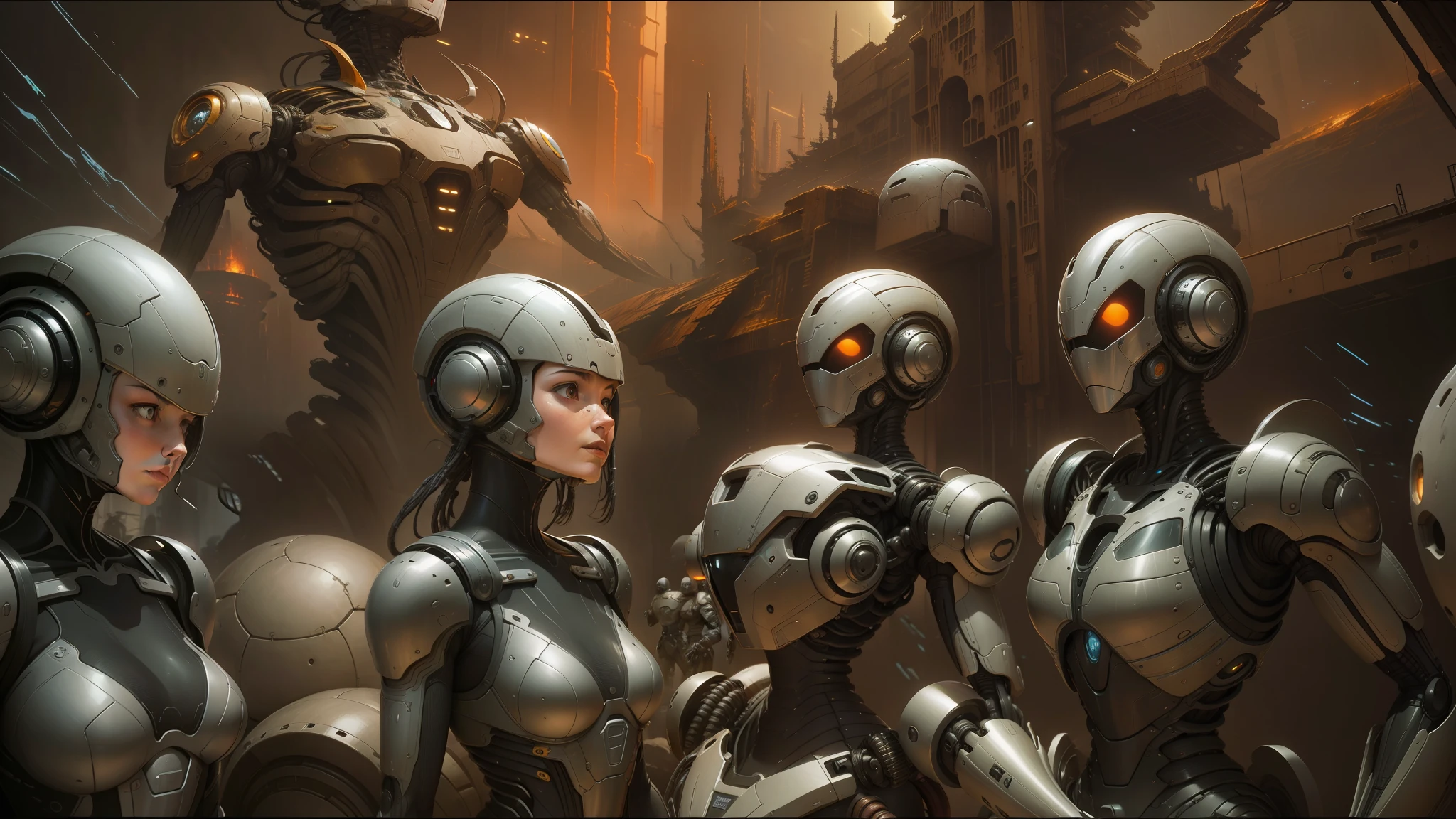 there are many robots that are standing in a room, peter gric and dan mumford, craig mullins nekro, by Peter Gric, style of jim burns, inspired by Stephan Martiniere, cgsociety ), cybernetic civilizations, cybernetic civilisations, fractalpunk, award winning scifi art, by Ian Miller --auto --s2