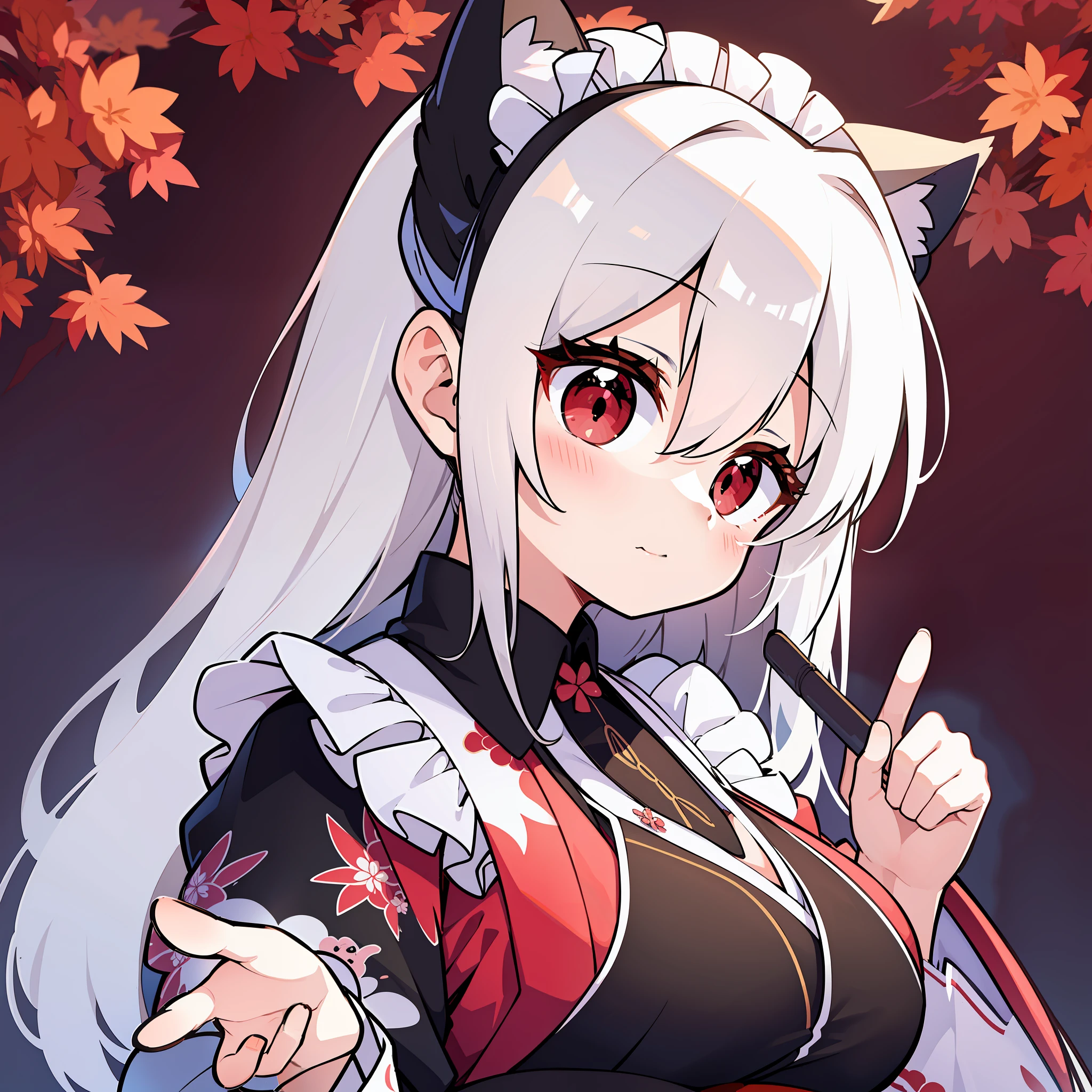 1girl, masterpiece, best quality, ultra-detailed, cat ears, boobs, loli,  ,white hair ,red eyes ,medium hair ,hair between eyes ,cute ,maid ,kimono ,(upperbody ,from side) ,simple background