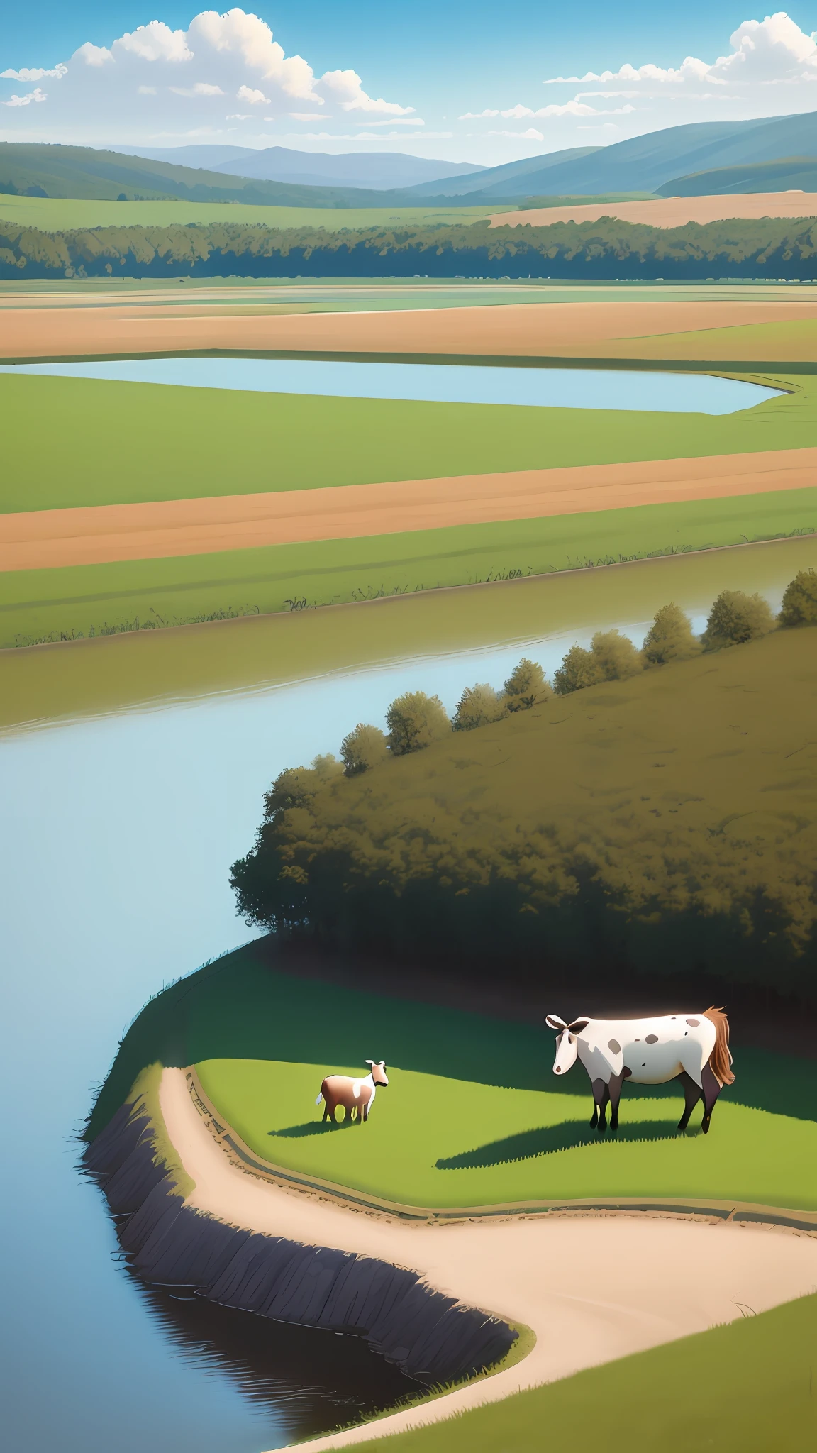 (Pixar style 1.25) A brown and white calf eating pasture in a field with a lake in the background