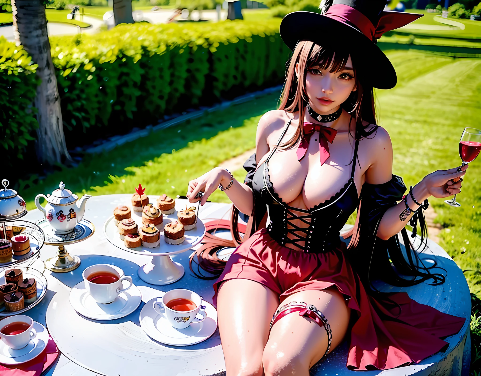 Alice in Wonderland, Lisa from BLACKPINK as Alice, dark fantasy, Final Fantasy, Tokyo Ghoul, large breasts, one girl, tattoos and piercings, goth girl ta, focus on chest, perfect view, tea party with the handsome Johnny Depp as the Mad Hatter from Alice in Wonderland, detailed, high definition, high resolution, sfw, exposed breasts, busty, six pack abs, fit, toned body, slim waist Alice, huge feast on table, outdoor tea party, masterpiece