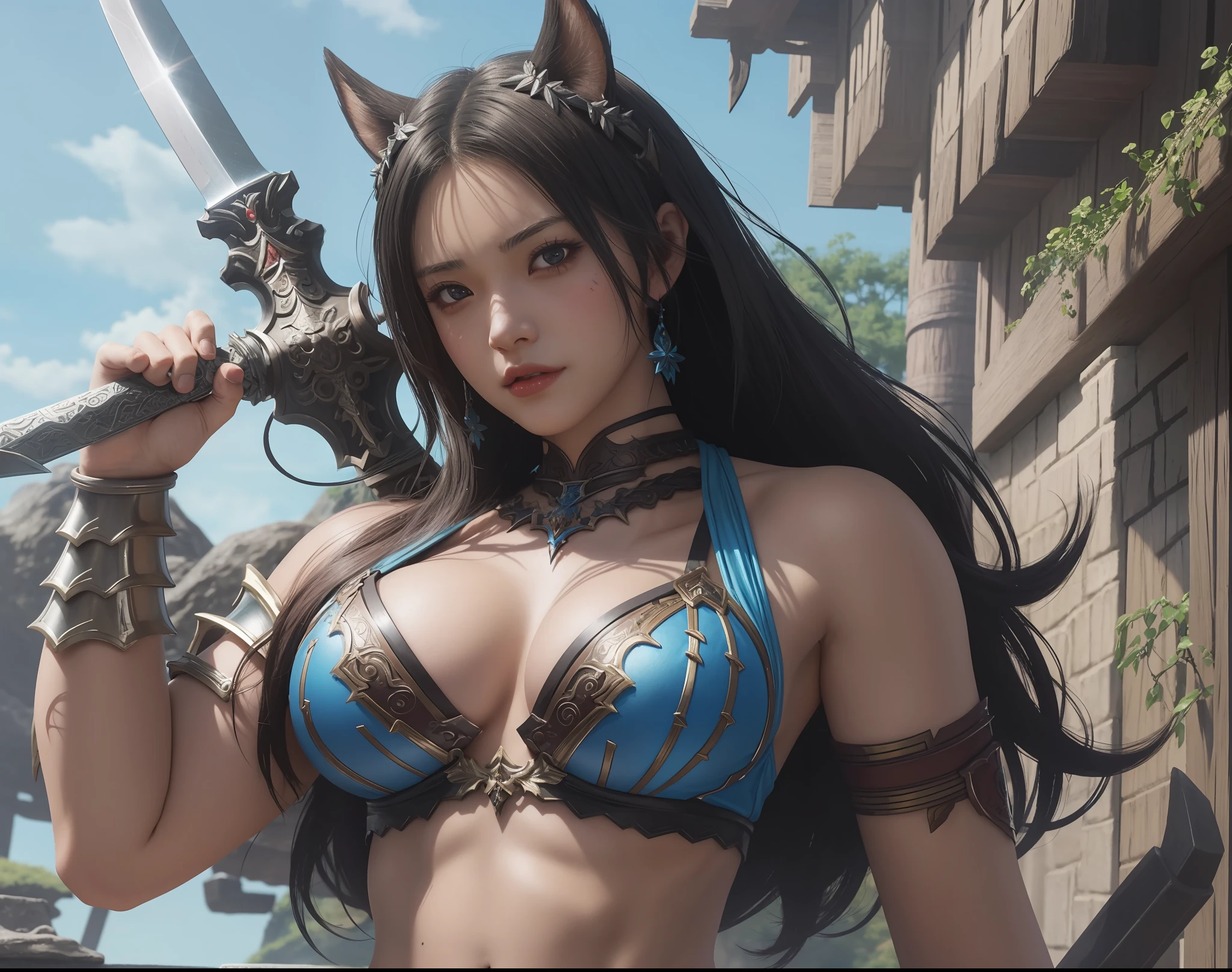 a close up of a woman with a sword in a bikini, a very beautiful berserker woman, granblue fantasy, detailed digital anime art, muscular warrior women, 2. 5 d cgi anime fantasy artwork, detailed anime character art, portrait of a barbarian female, extremely detailed artgerm, badass anime 8 k, anime fantasy artwork, armor girl