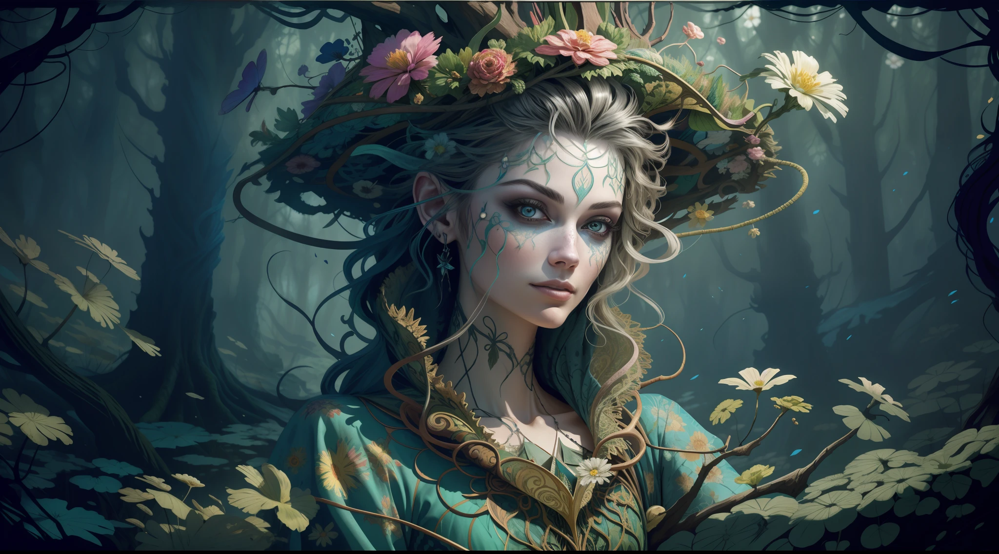 horror art, fear, unified 8k wallpaper, super detailed, beauty and aesthetics, masterpiece, best quality, (zentangle, mandala, tangles, entanglements), 1girl, (shimmering tulle earth tones intricate flower woven robes: 1.2), deep and rich black shadows, (up close from the side: 1.1), Mother Earth, smiling, enchanting whimsical fantasy forest background, happiness, enchanting atmosphere, very detailed, dynamic angle, cowboyshot, the most beautiful chaotic forms, elegance, fauvist design, bright colors, romanticism, by James Jean, Robbie Devi Antonio, Ross Tran, Francis Bacon, Michal Mraz, Adrian Gaini, Petra Koreit, Gerhard Richter, Takashi Yamamoto, Ashley Wood, Atmospheric