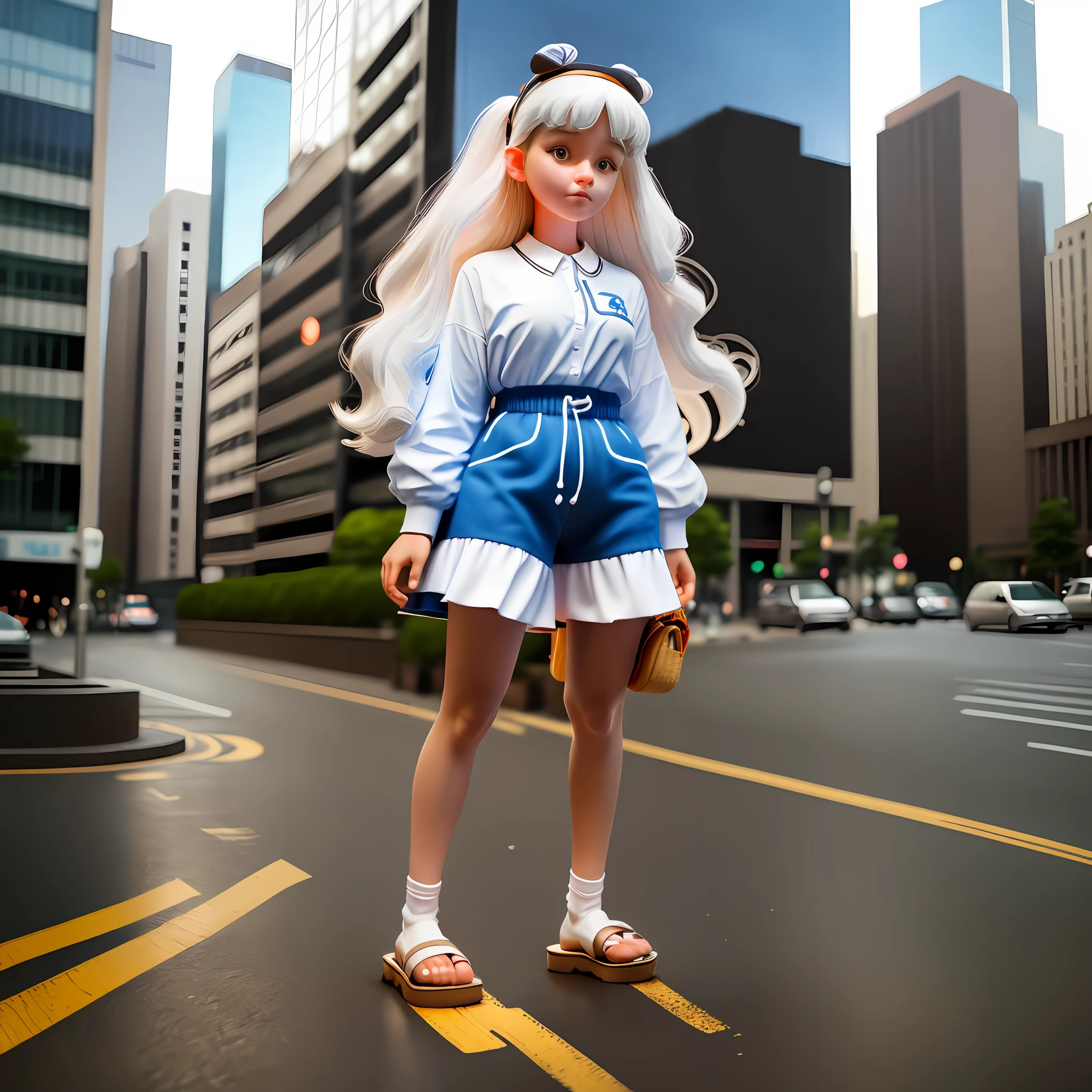 A cute girl 100 meters tall in shirt sandals and white socks standing happily looking down at me in the city, full body, giantess, 1 girl, white socks, sandals
