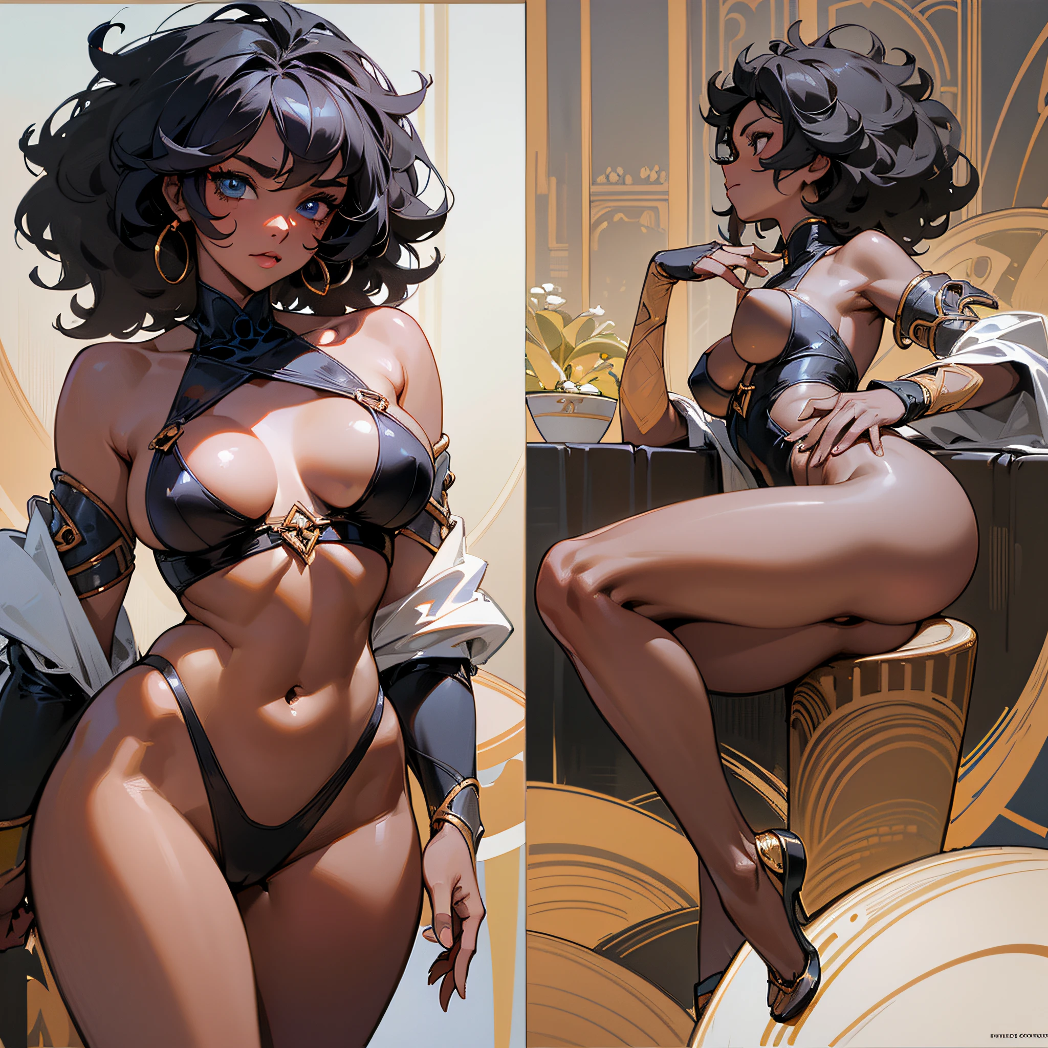 (hyperrealistic), (illustration), (high resolution), (extremely detailed), (best illustration), (beautiful detailed eyes), (best quality), (Negra Afro), (masterpiece), (wallpaper), (detailed face), solo, (dynamic pose), 1 girl, dark black color, curly hair, moths, black afro in chair, mulatto, dark skin, heterochromic eyes, large breasts, long legs, Big ass, wide hips, tightens abdomen, (camel fingers), (no panties), (no bra),fil dental panties, detailed parts, image showing whole body, young black --auto --s2