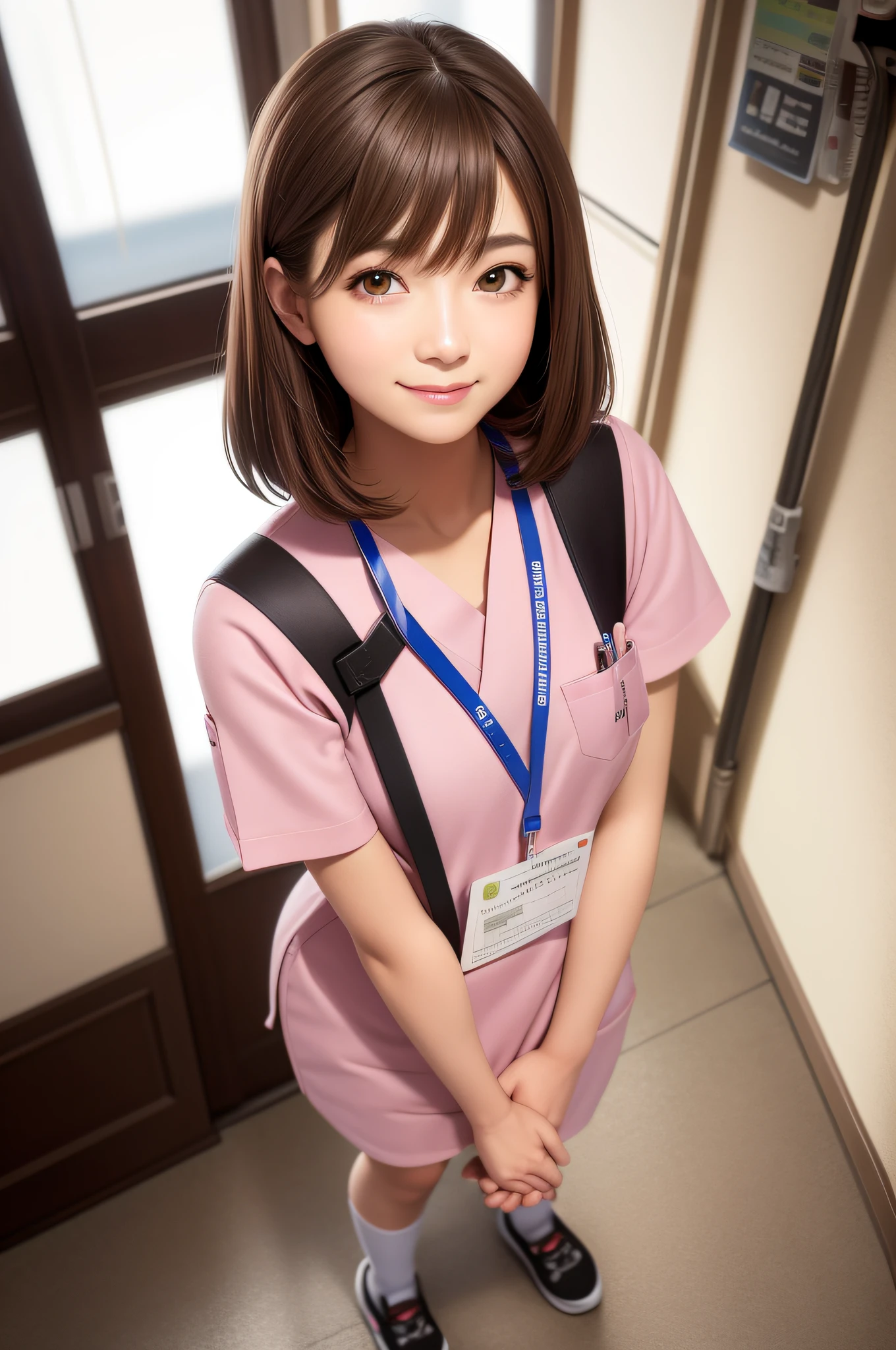 high quality, realistic, photo, human, masterpiece, brown hair, brown eyes, talking, smiling face, lone nurse, light pink uniform, full body, student training