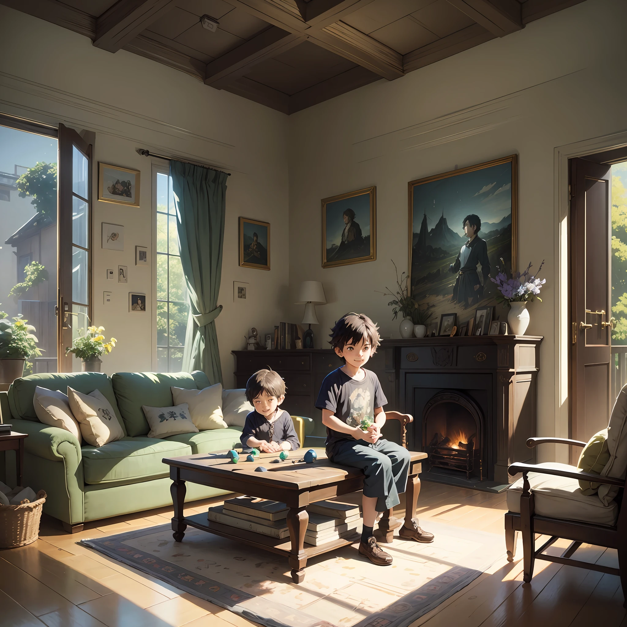 A happy playing with toys in a living room, simple art inspired by studio ghibli's visual style, Baroque oil painting anime key visual full body portrait character concept art, brutalist grimdark fantasy, kuudere noble dictator, trending pixiv fanbox, rule of thirds golden ratio, by greg rutkowski wlop makoto shinkai takashi takeuchi studio ghibli jamie wyeth --auto --s2