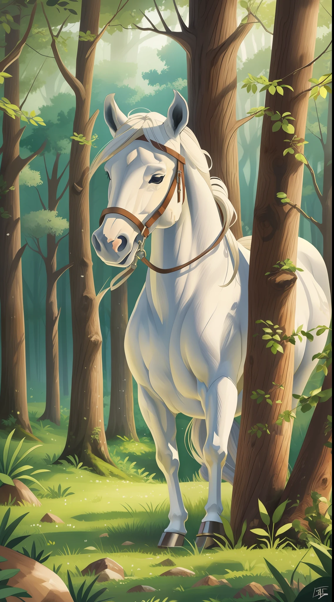 Majestic horse of white color. strong, elegant, white mane. Harmonious forest. Harmonious grove, large scale, (open image) large image aperture..